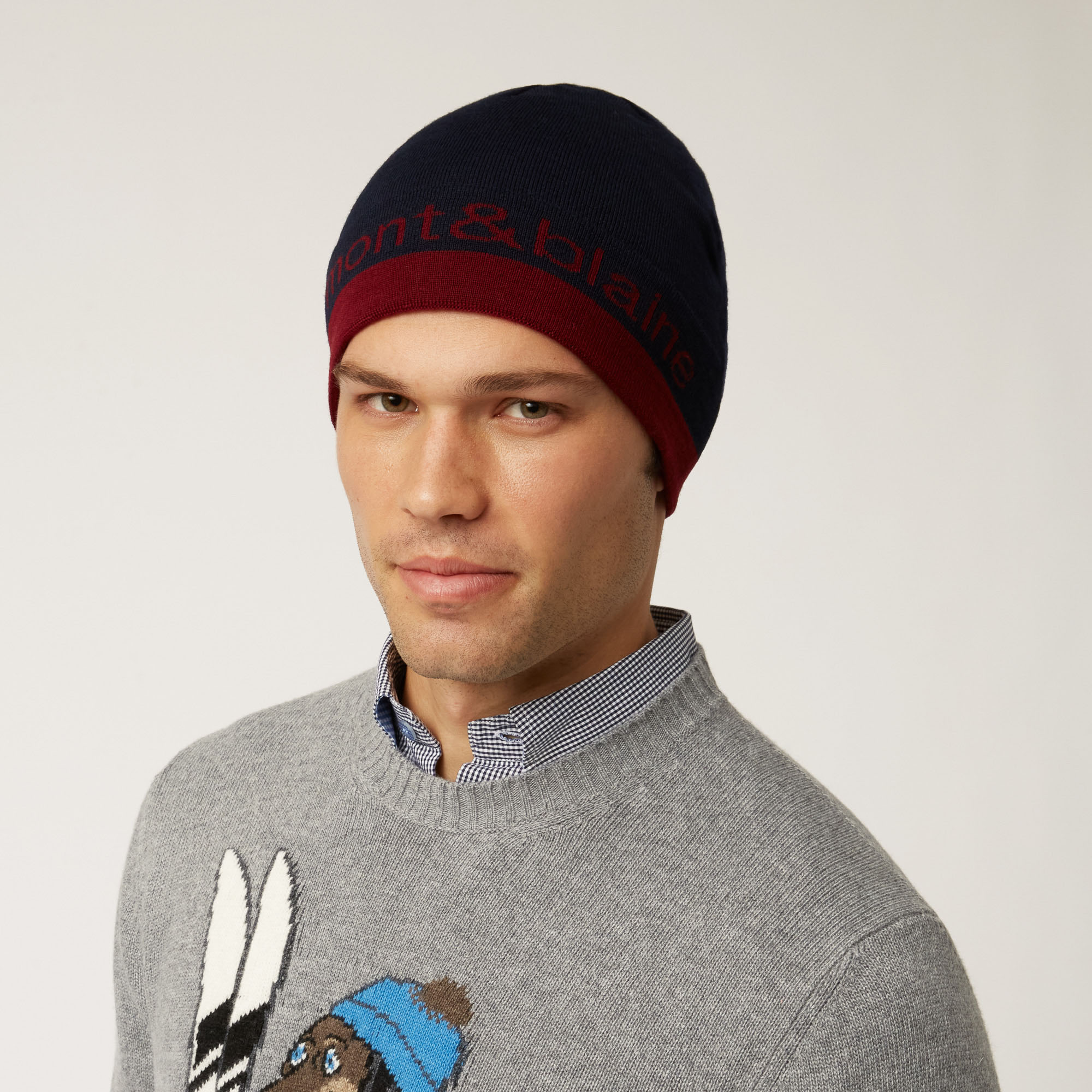 Berretto Corto In Misto Lana Con Bordo E Lettering A Contrasto, Blu Navy, large image number 2