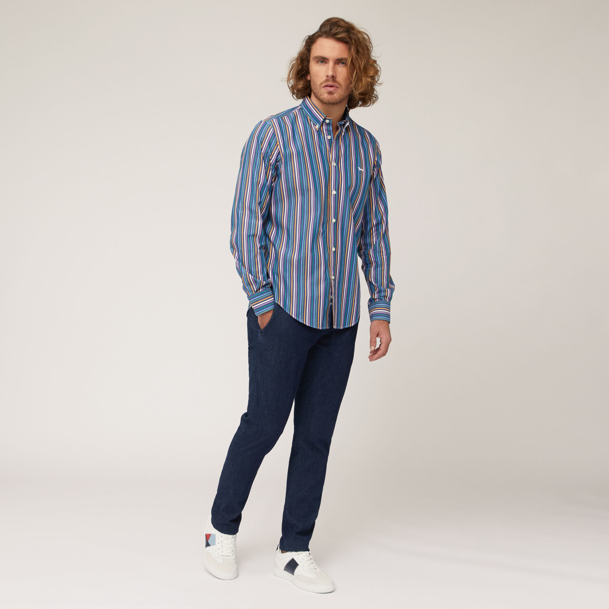 Striped Cotton Shirt, Blue, large image number 3