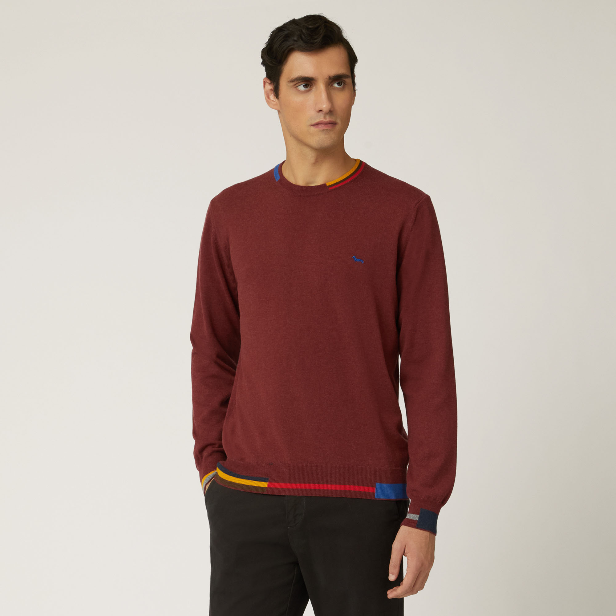 Pullover Mit Rundhalsausschnitt Aus Baumwolle Und Wolle Mit Kontrastierenden Details, Rot, large