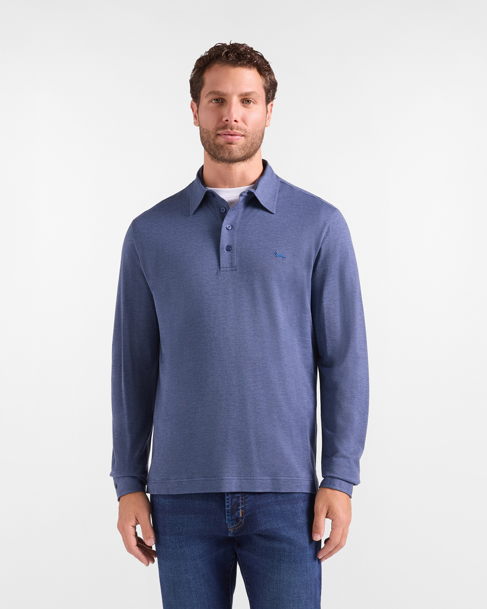 Men's long-sleeve blue cotton and Lyocell blend piqu&eacute; polo shirt