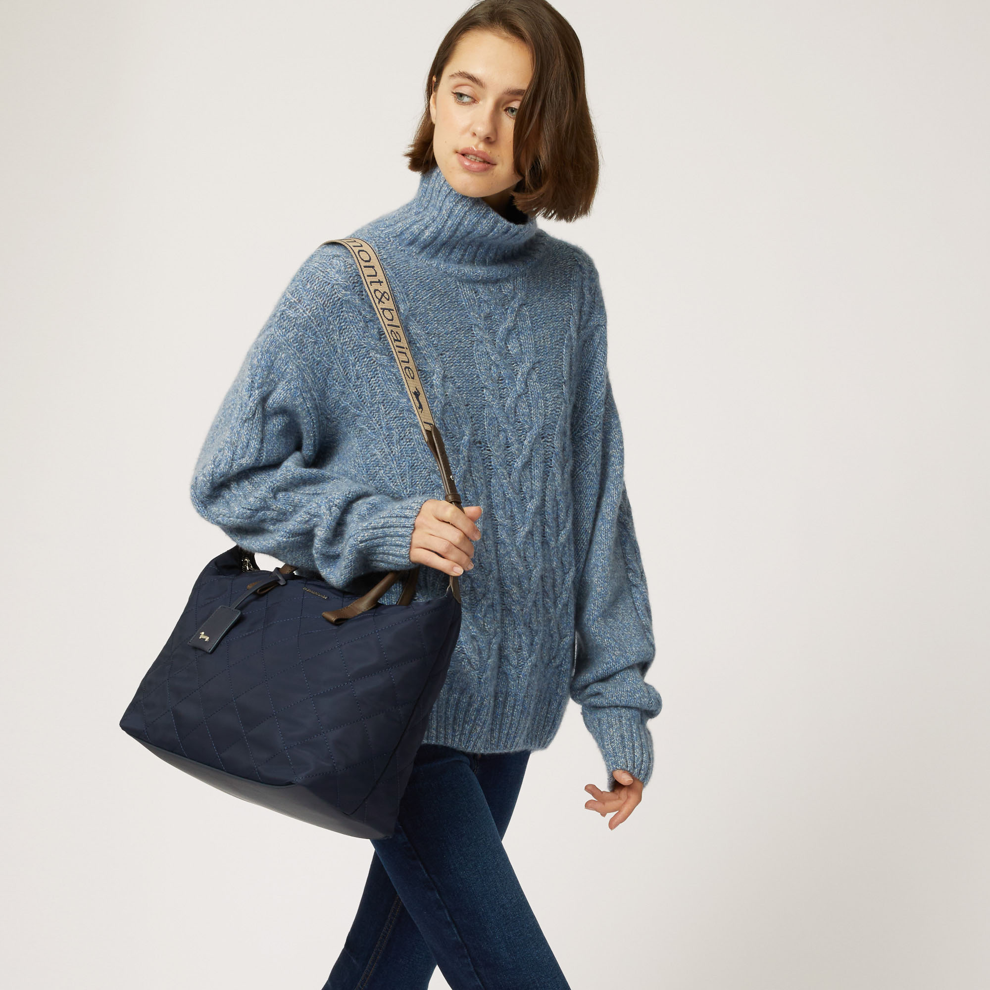 Borsa Shopper Trapuntata Con Tracolla Rimovibile, Blu Navy, large image number 2