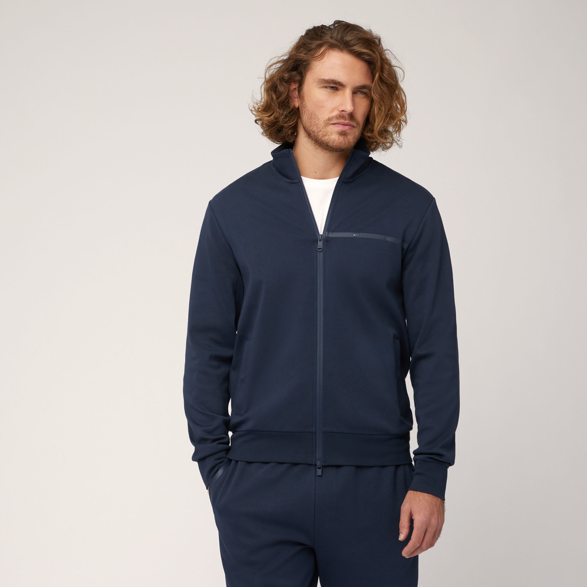 Felpa Full Zip In Cotone Con Dettagli Termosaldati, Blu Navy, large image number 0