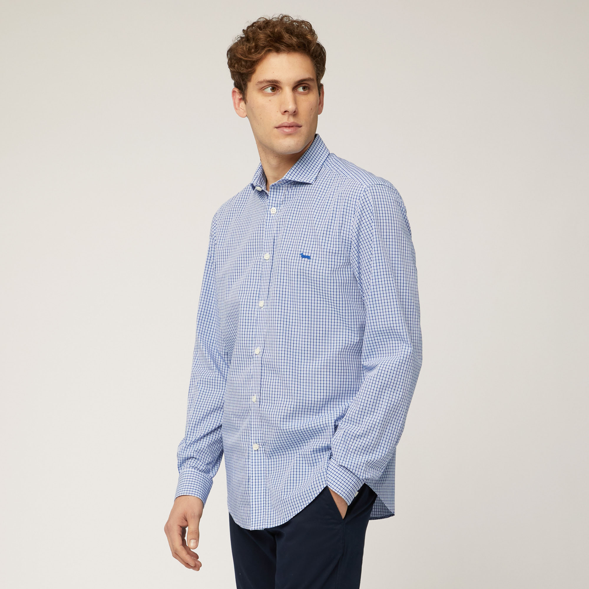 Camisa de popelina de algodón a cuadros, Azul, large