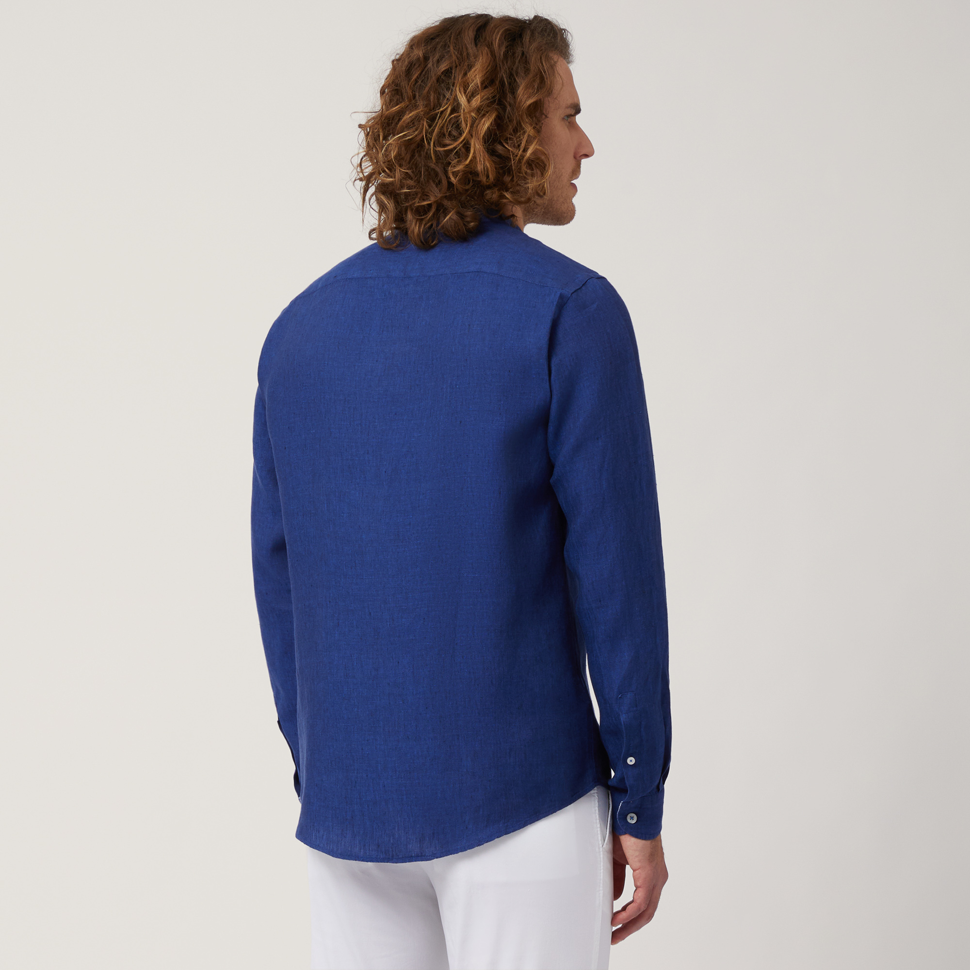 Camisa de lino con cuello mao y bolsillo, Azul, large image number 1