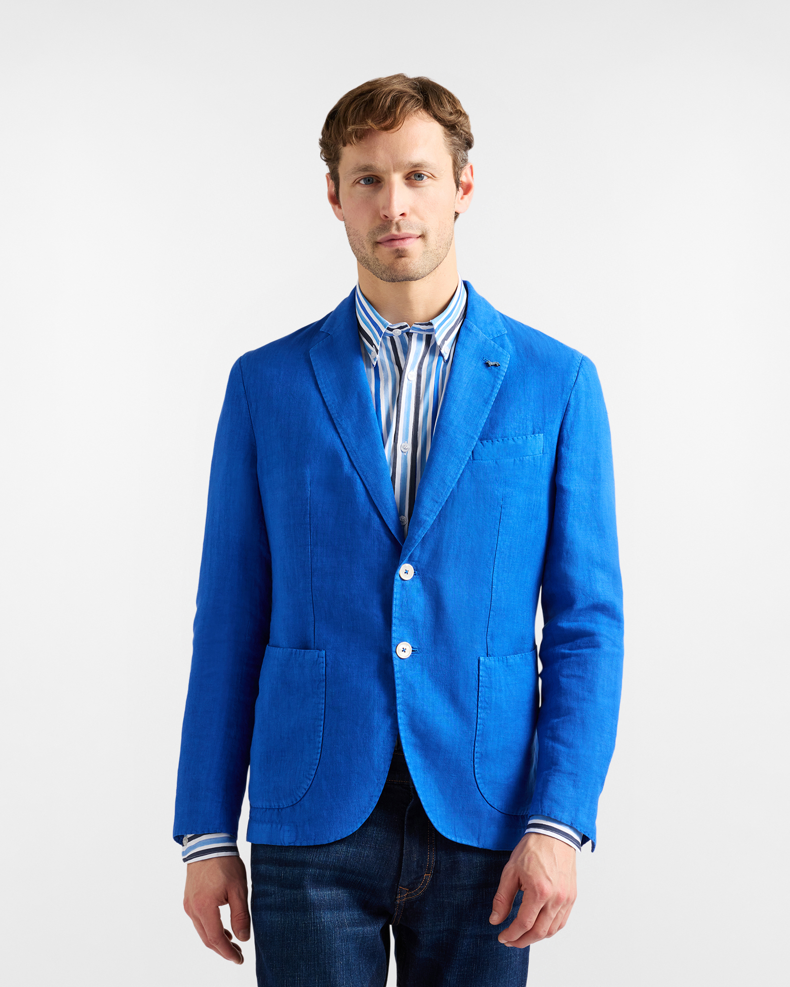 Giacca monopetto in puro lino, Blu, large