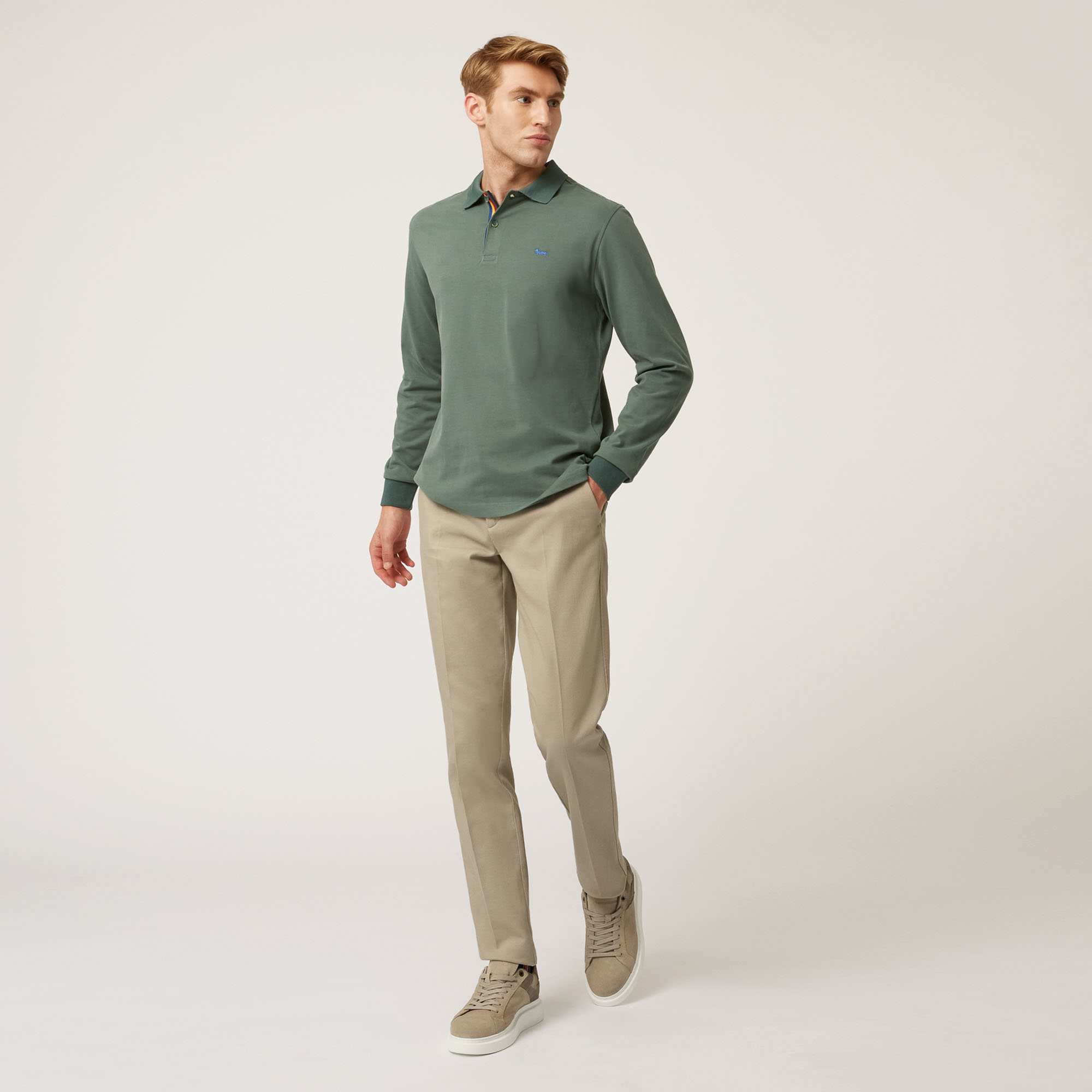 Long-Sleeved Cotton Polo Shirt With Contrasting Detail, Green, large image number 3