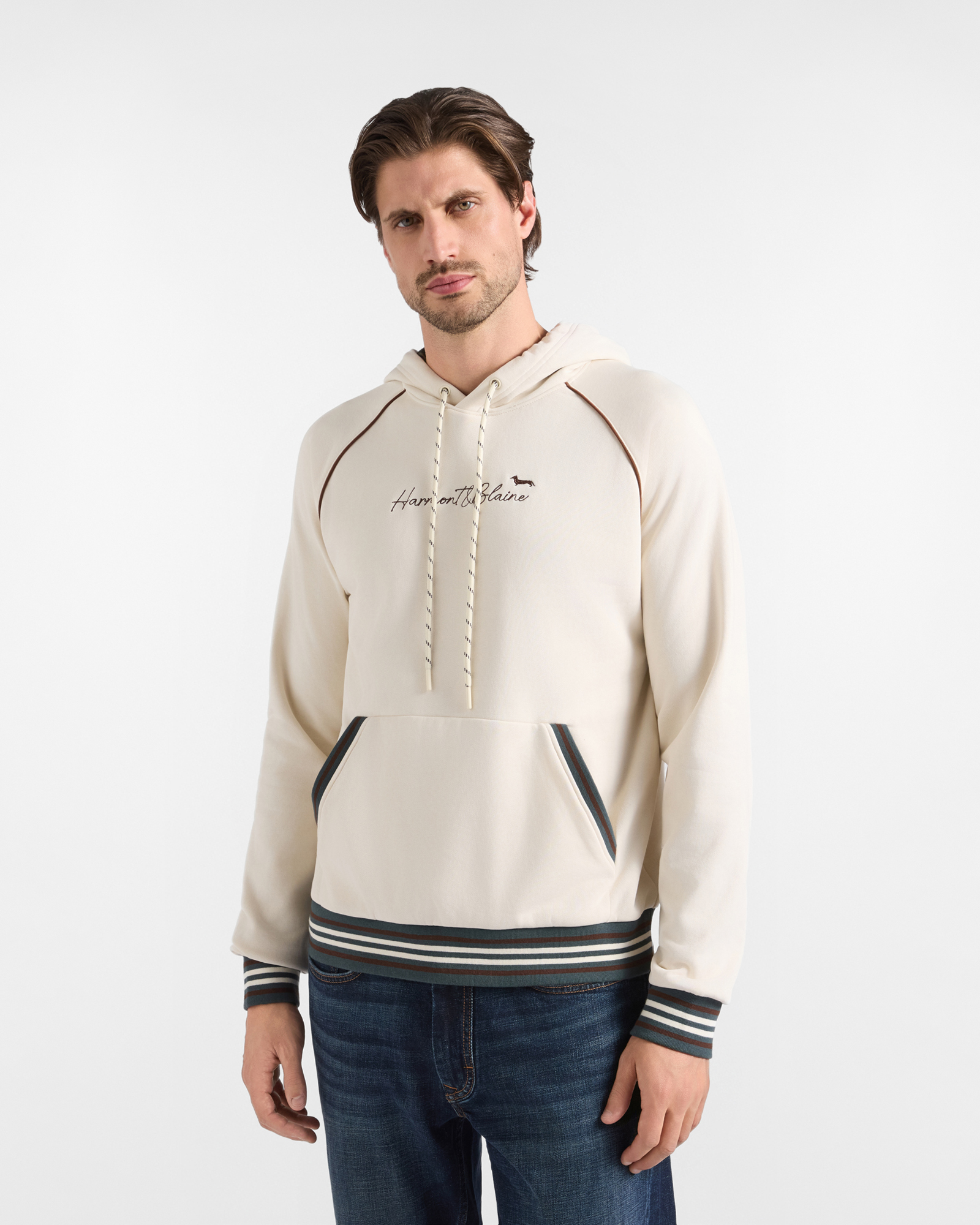 Sweat homme beige avec capuche et doublure en tartan