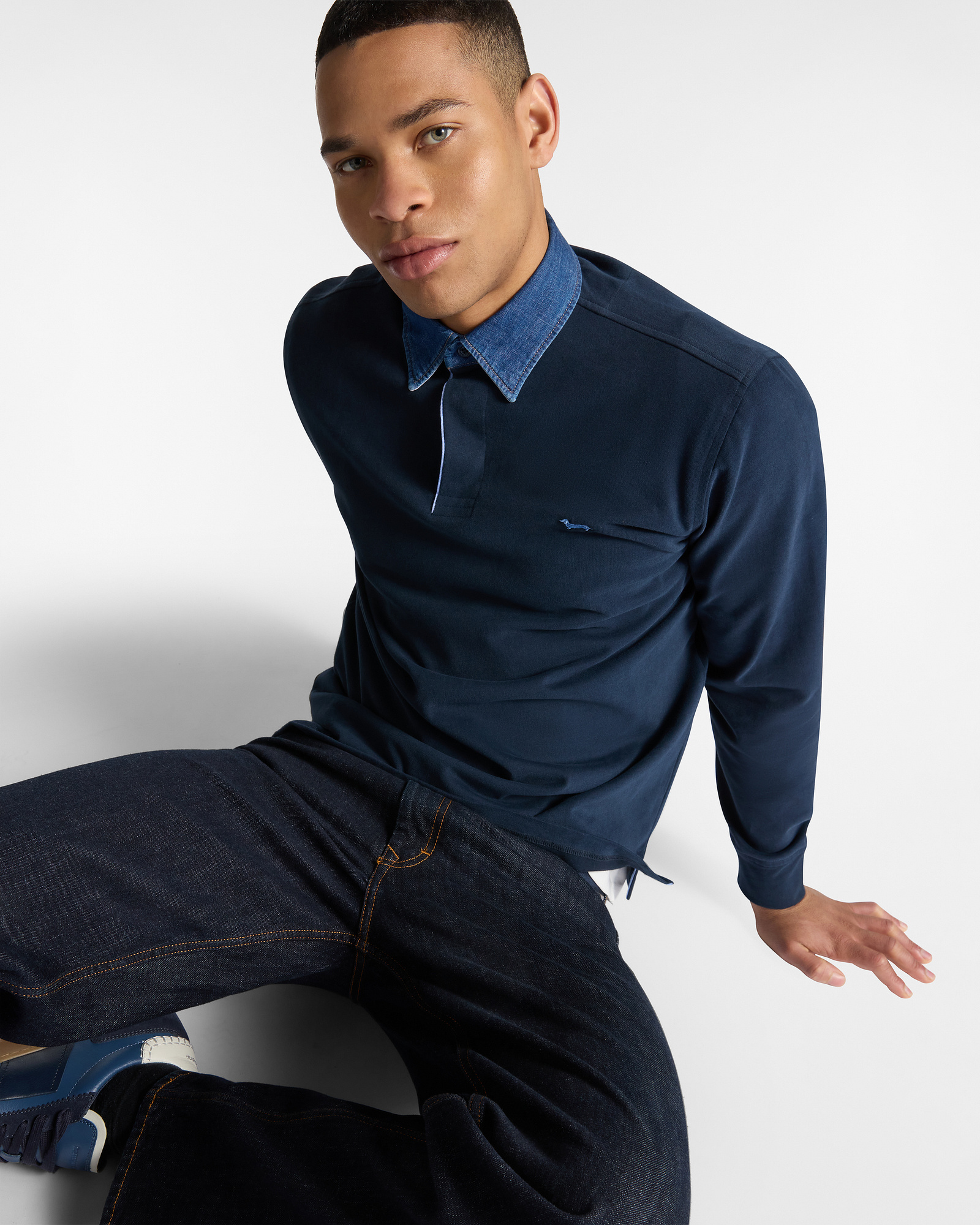 Vietri Polo Shirt with Denim Collar, Navy Blue, large image number 2