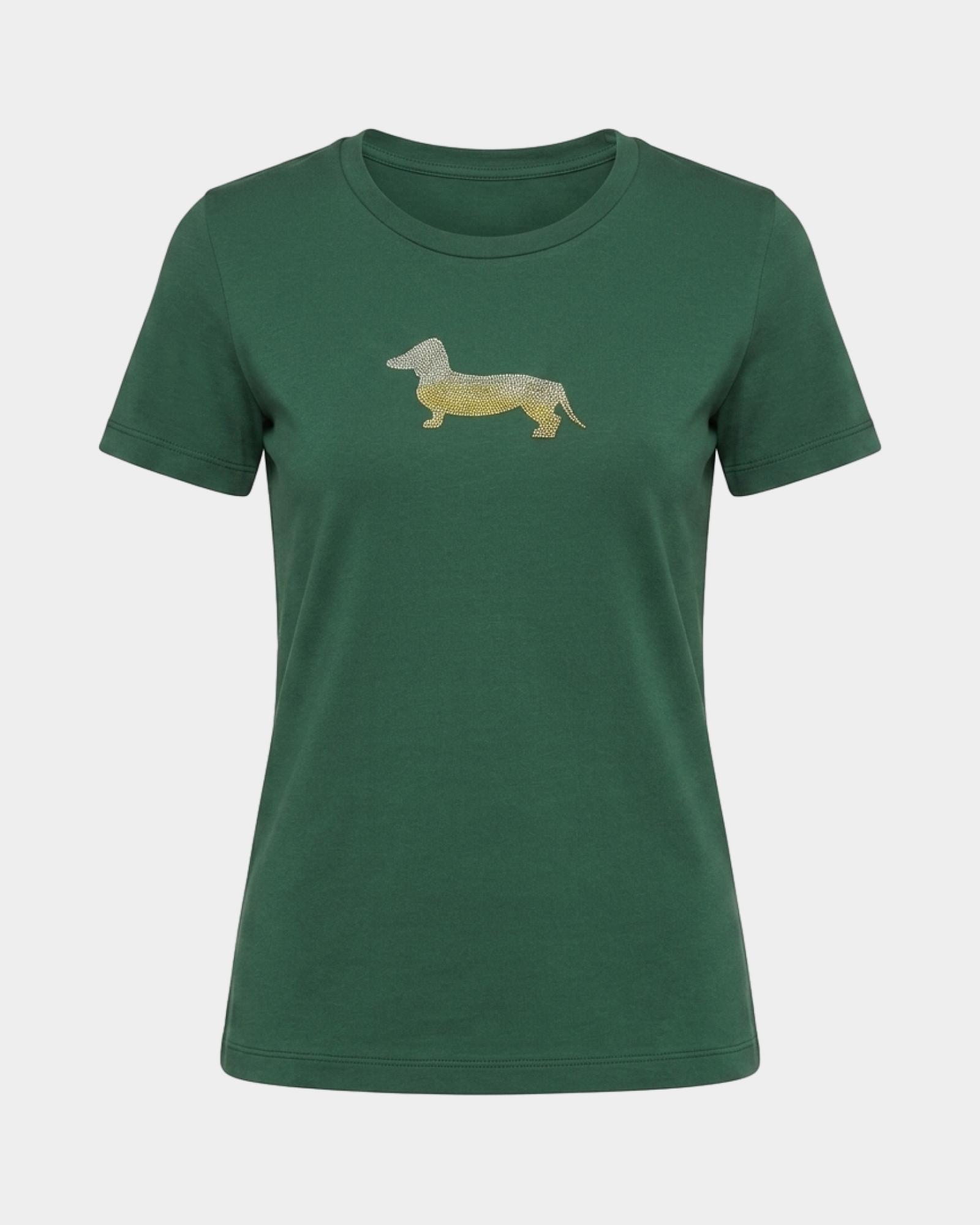 Camiseta de mujer en algod&oacute;n el&aacute;stico  con Maxi perro salchicha glitter, VERDE, large