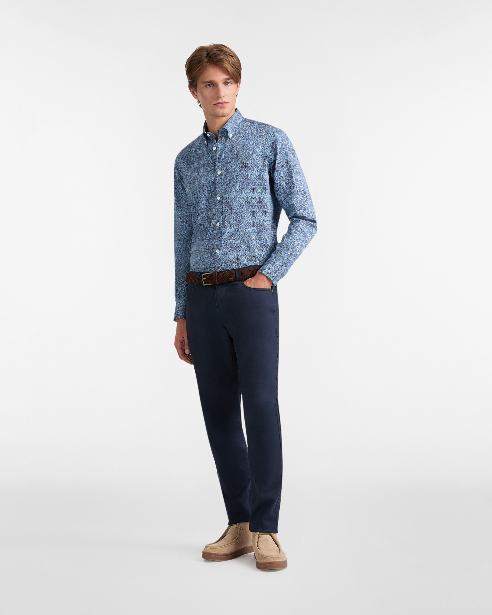 Patterned Cotton Shirt with Embroidered Logo, Light Blue, large image number 3