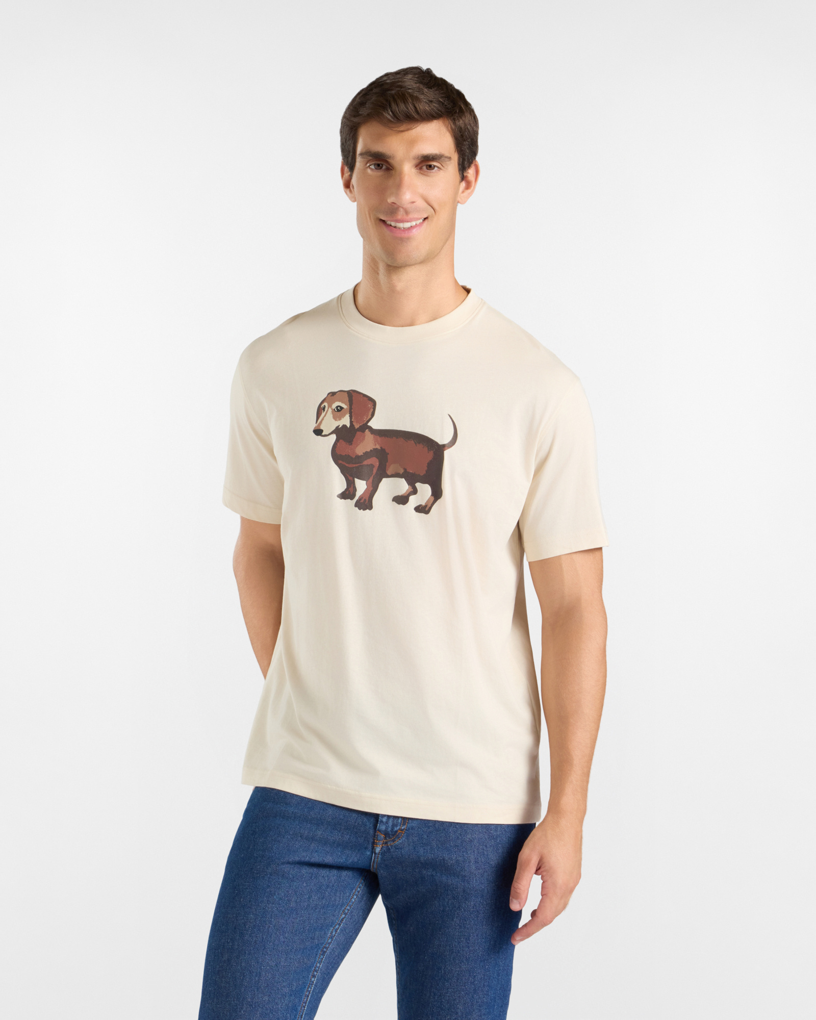 T-shirt Uomo in Jersey di Puro Cotone con Stampa Bassotto Effetto Acquerello, TORTORA, large