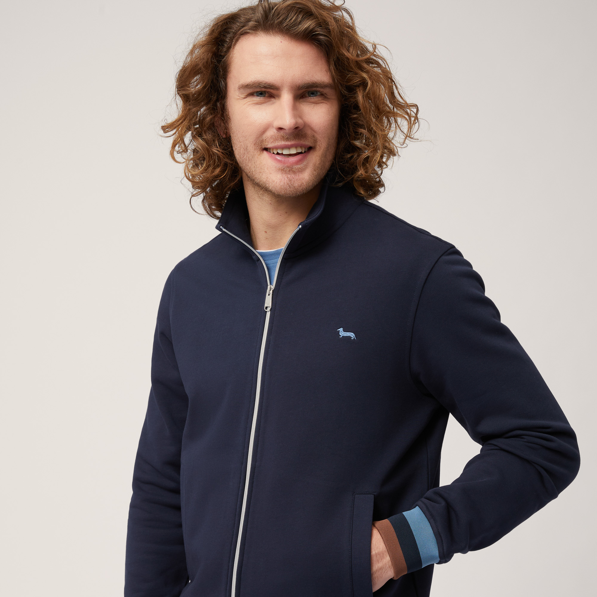 Cotton Full-Zip Sweatshirt with Striped Details, Blue, large image number 2