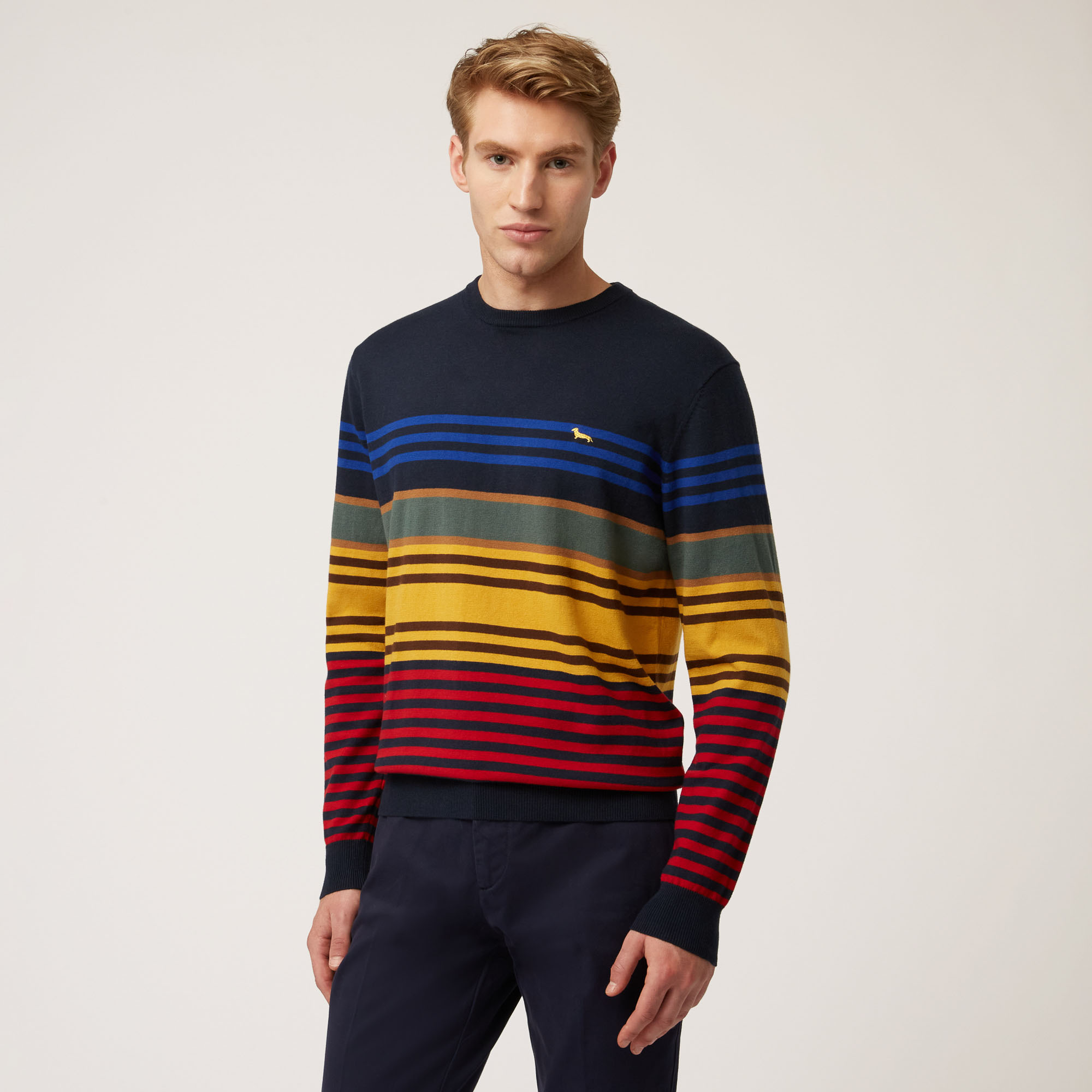 Wool And Cotton Crew-Neck Pullover With Horizontal Stripes, Blue, large image number 0