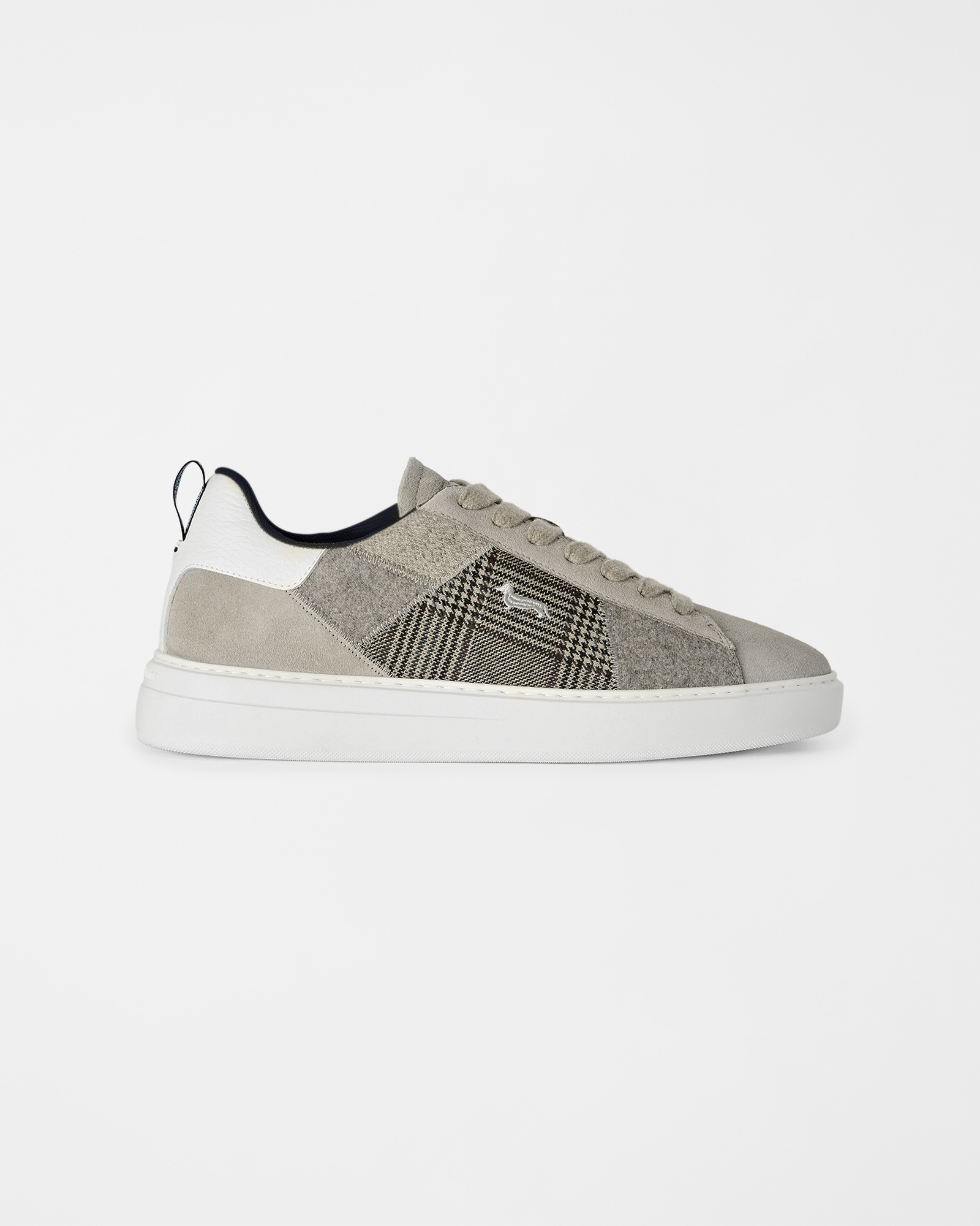 Men's suede and beige fabric patchwork sneakers