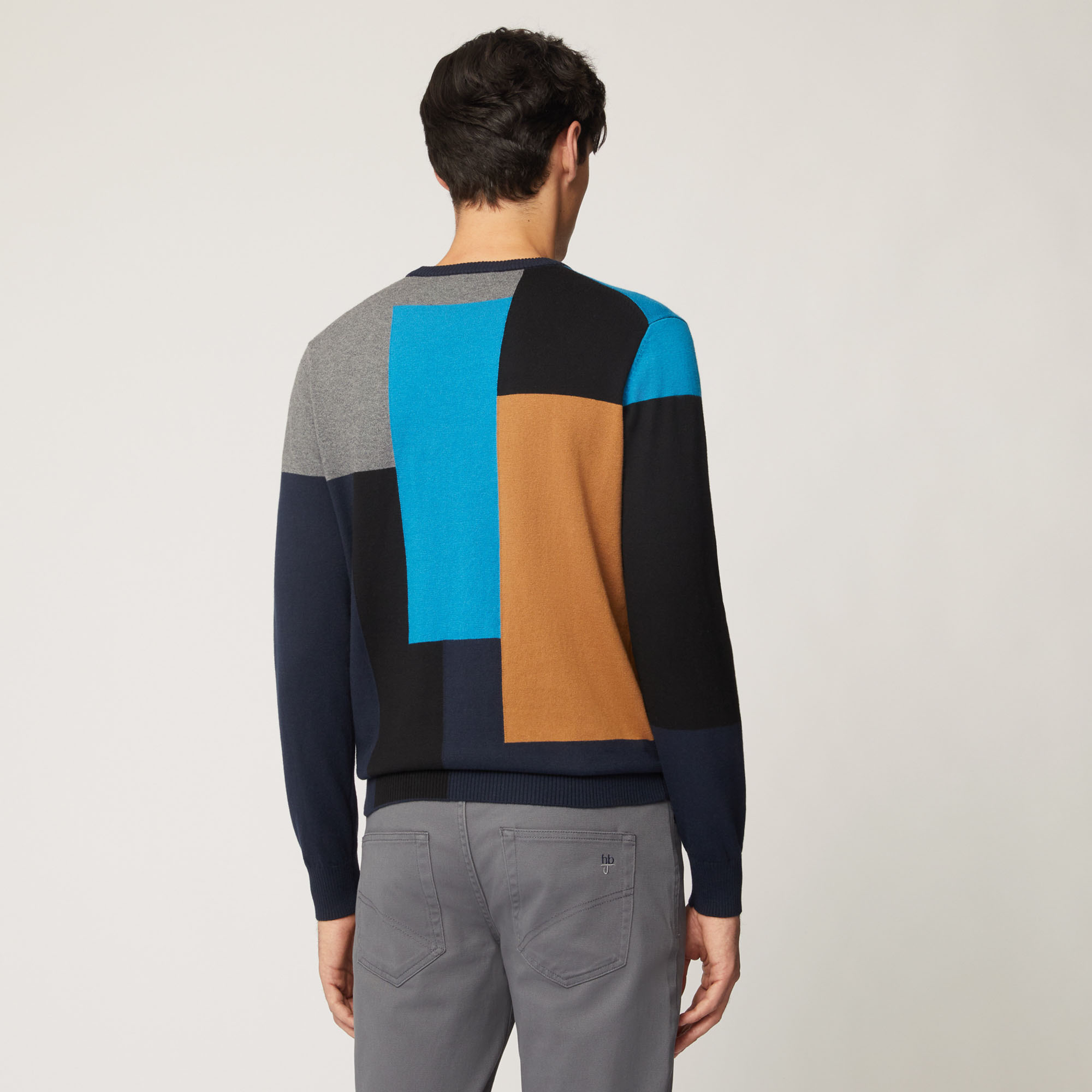 Pullover Girocollo In Cotone E Lana Effetto Color Block, Light Blue, large image number 1
