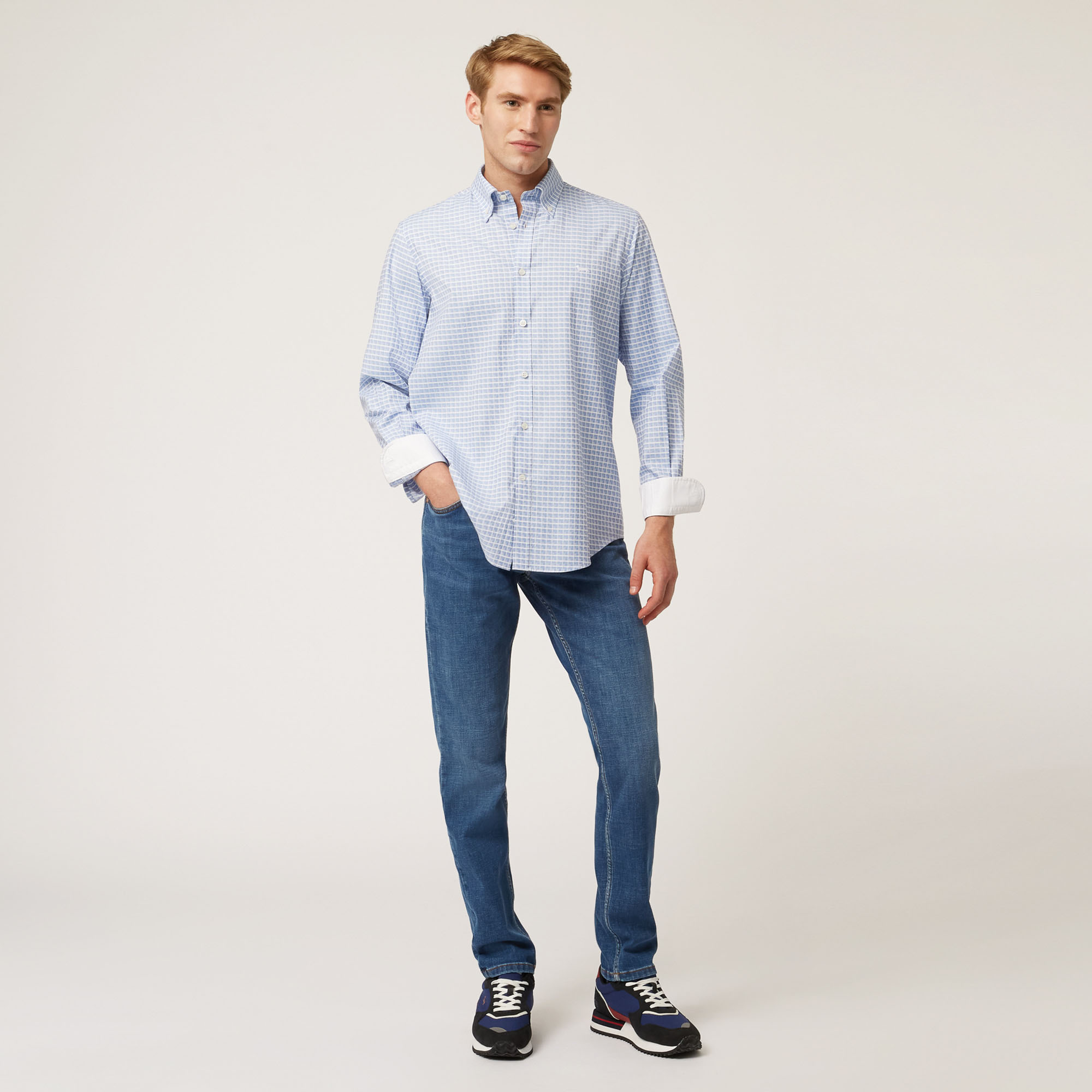 Camicia A Quadretti In Cotone E Lyocell, Azzurro, large image number 3