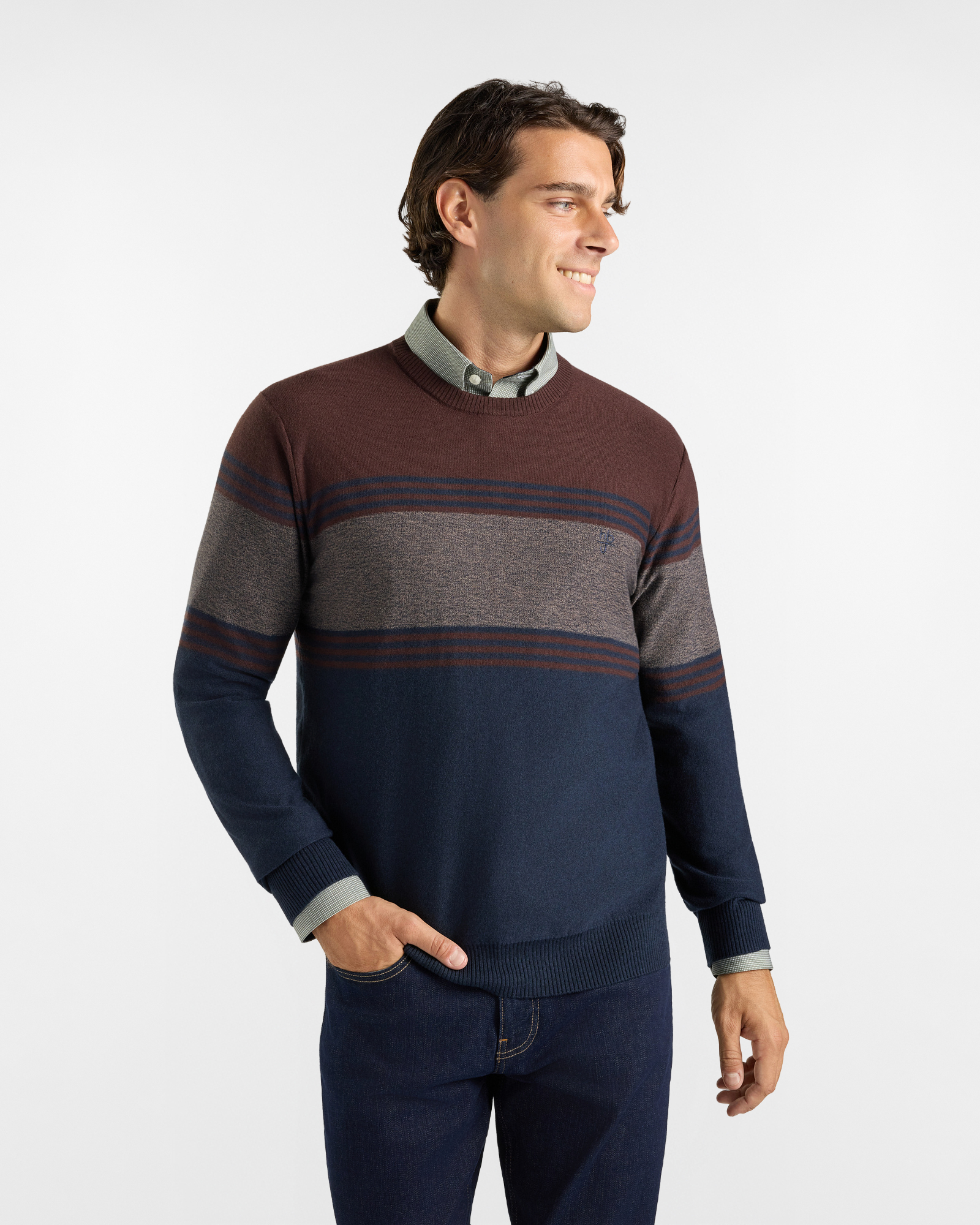 Men&rsquo;s HBJ Brown Wool-Blend Crew-Neck Jumper with Colour-Block Pattern