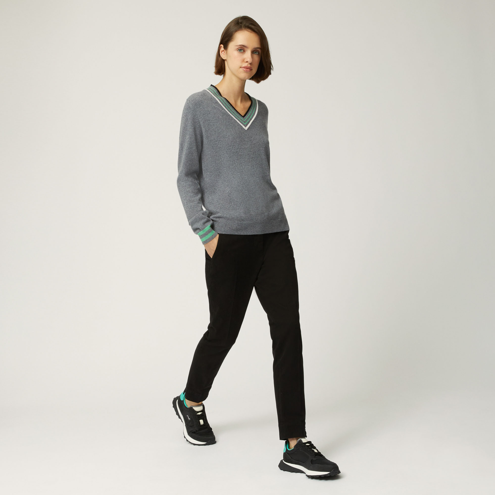 Pullover In Cashmere Con Dettagli Rigati, Grigio, large image number 3