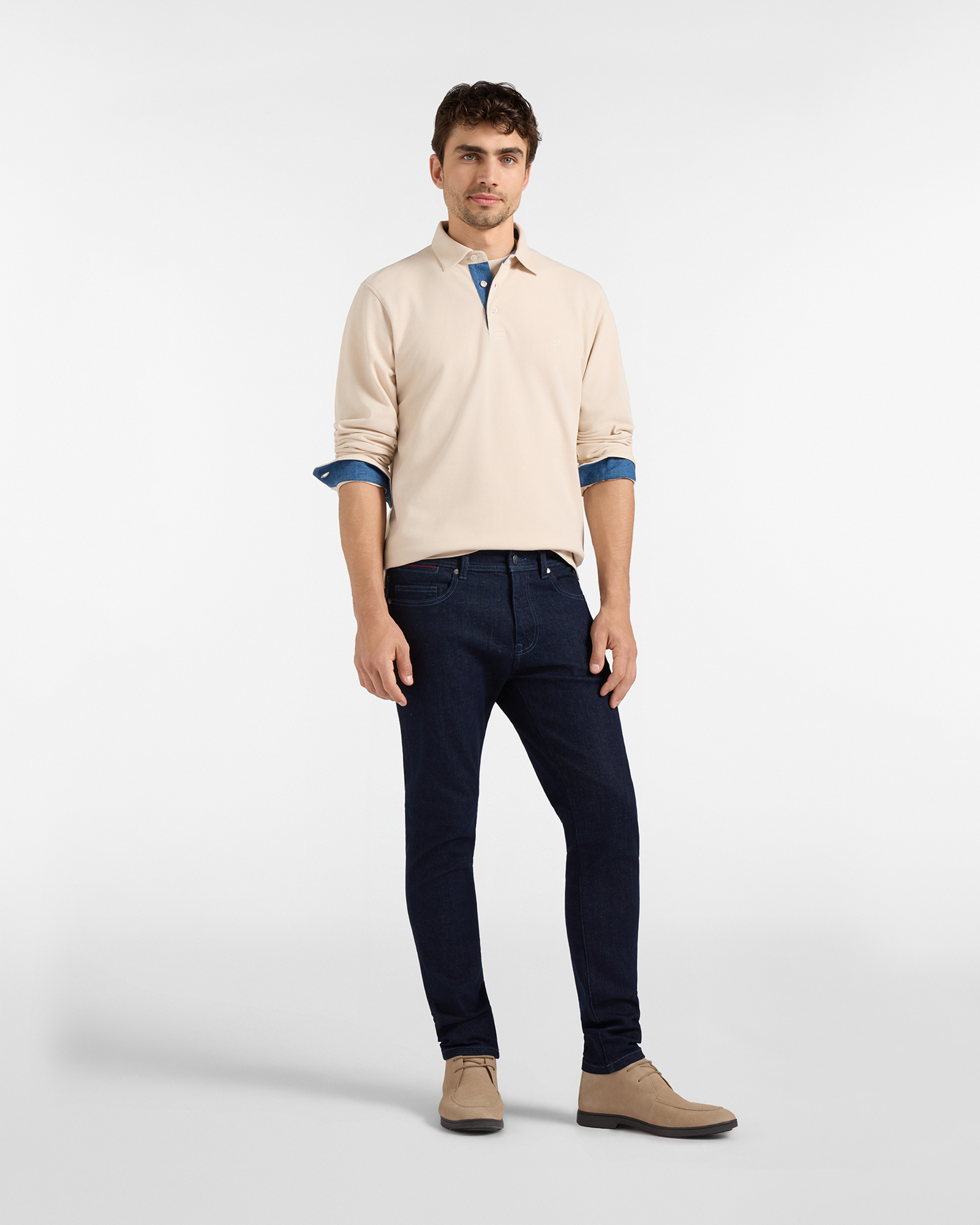 Polo HBJ Uomo in Piquet di Puro Cotone con Dettagli Denim, BIANCO, large