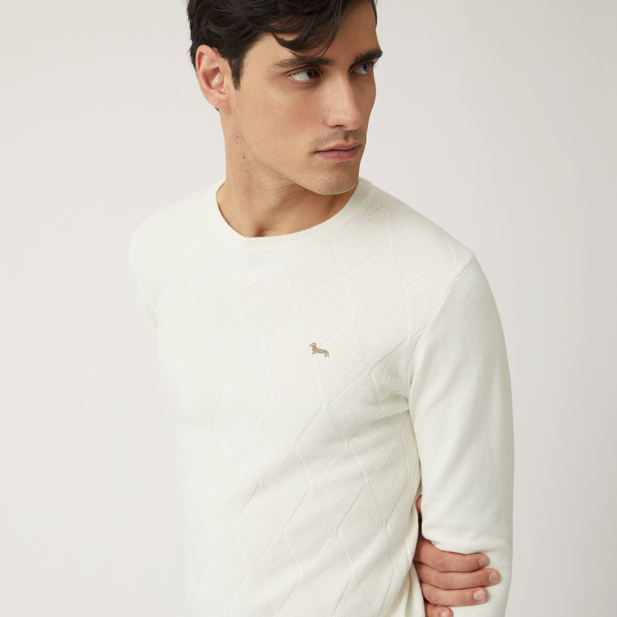 Crew-Neck Pullover With Argyle Motif On The Front, White, large image number 2
