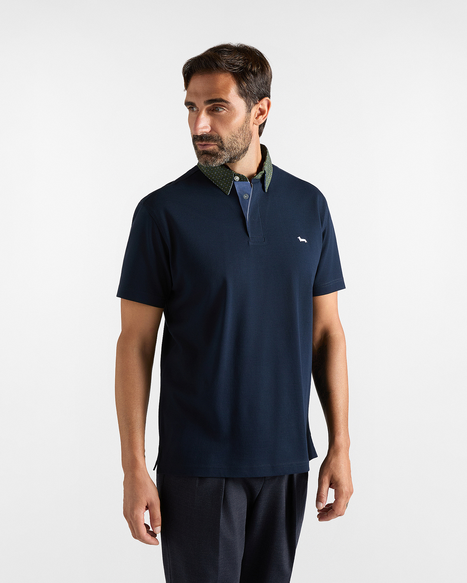 Men's Vietri polo shirt in dark blue cotton piqu&eacute; with contrasting collar