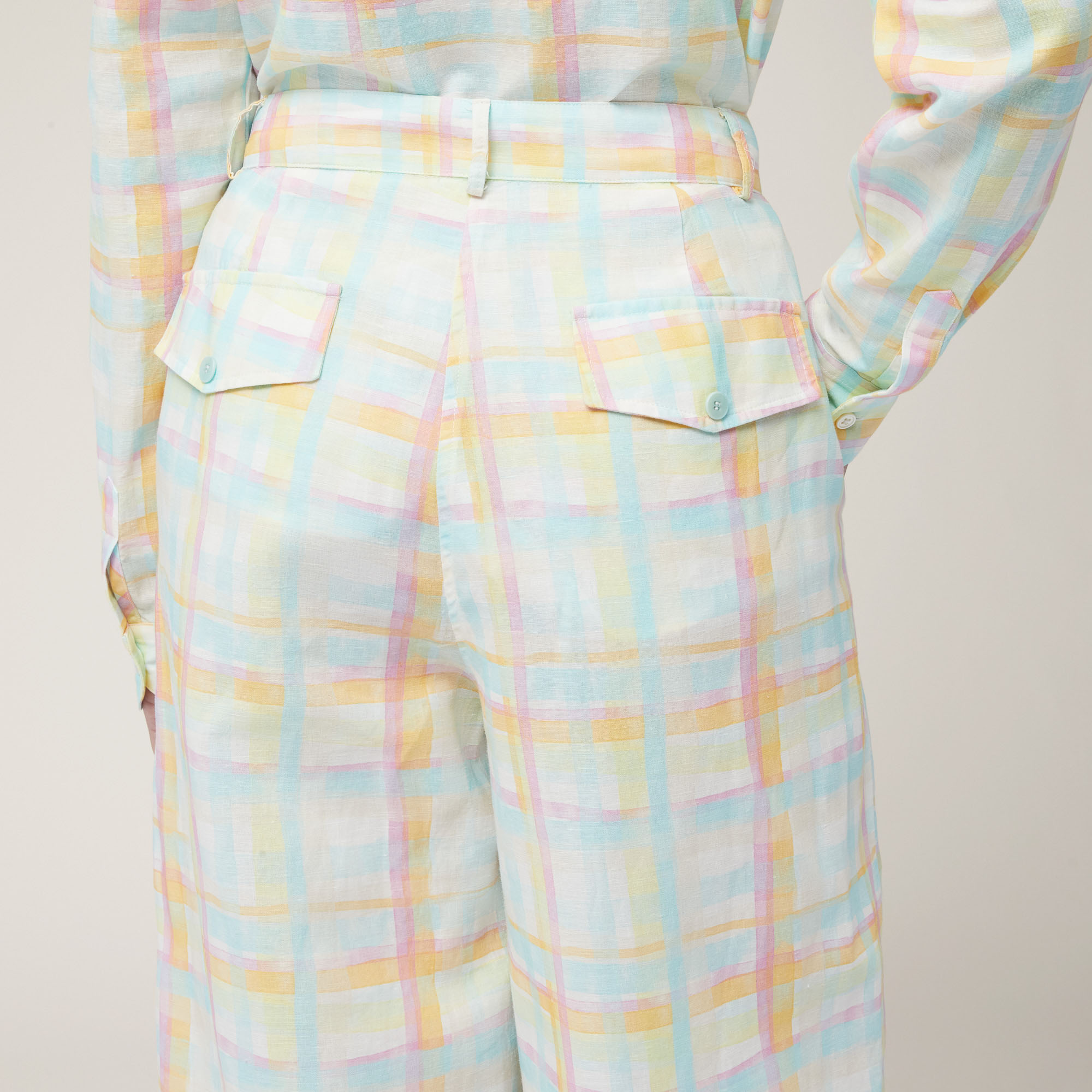 Mixed Linen Tartan Trousers, White, large image number 2