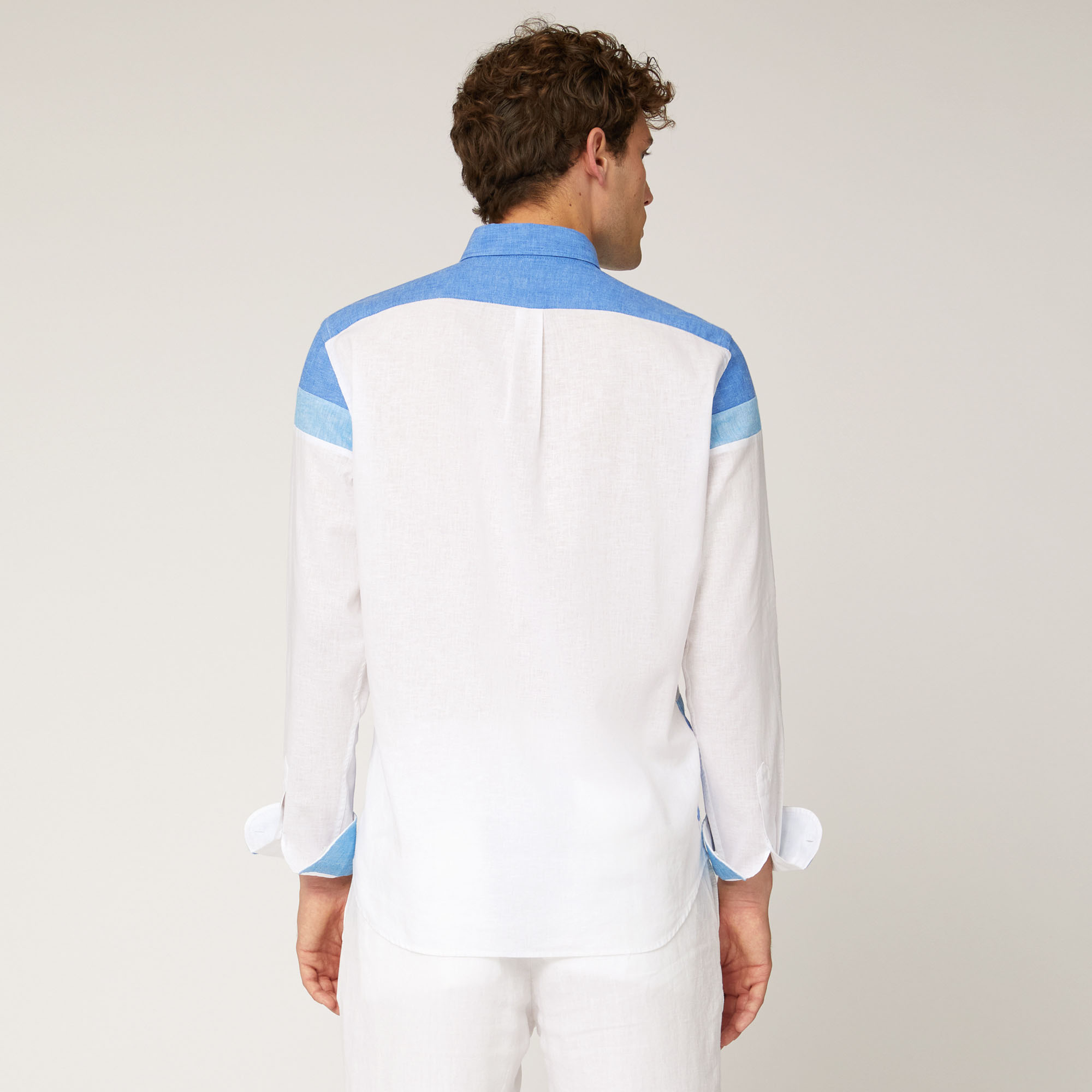Camisa de lino y algodón con patchwork y franjas a contraste, Blanco, large image number 1
