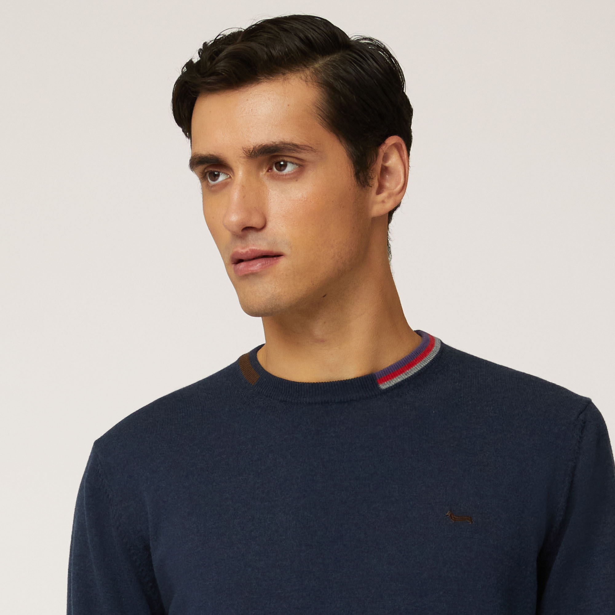 Cotton And Wool Crew-Neck Pullover With Contrasting Details, Blue, large image number 2