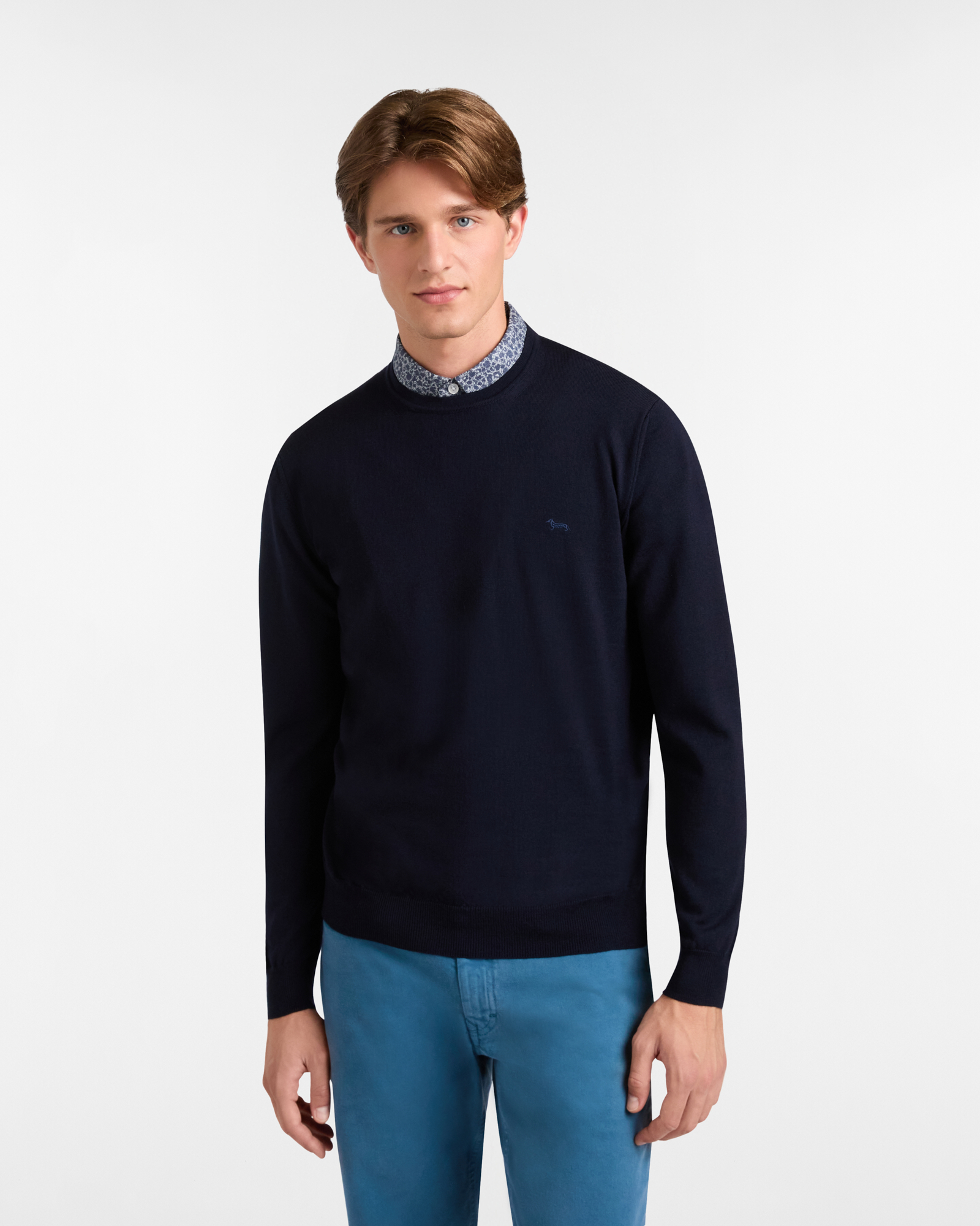 Crew Neck Merino Wool Sweater, Navy Blue, large image number 0