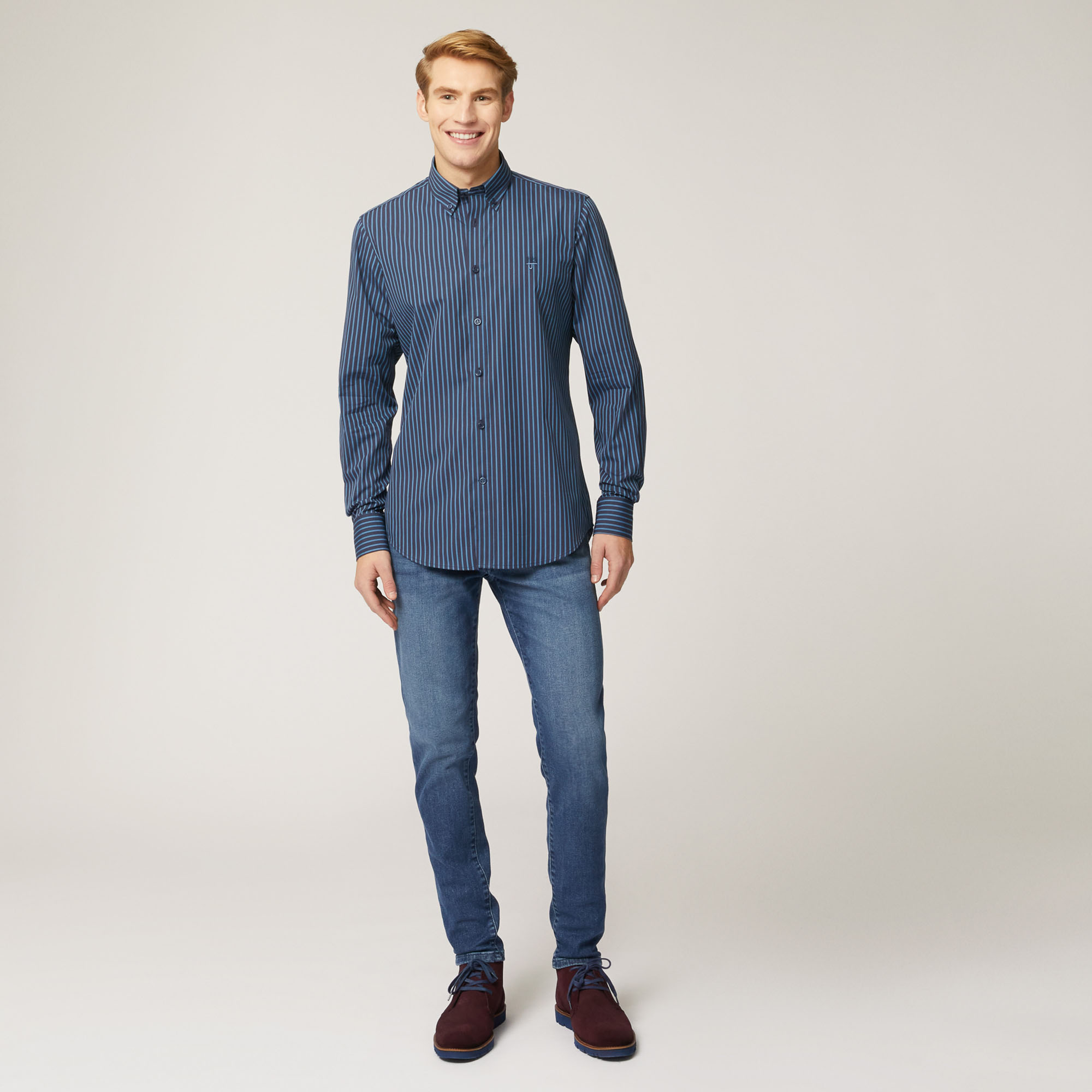 Camicia In Cotone Con Motivo A Righe, Blu, large image number 3
