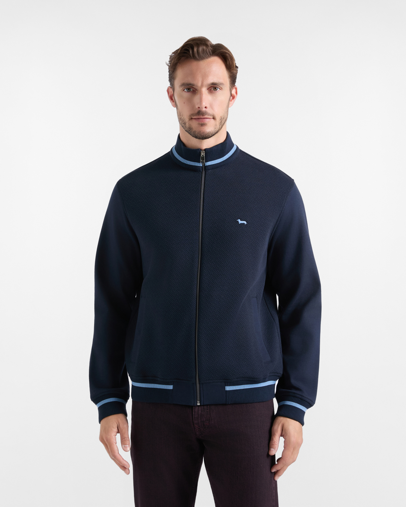 Men's blue full-zip 3D jersey mock turtleneck sweatshirt