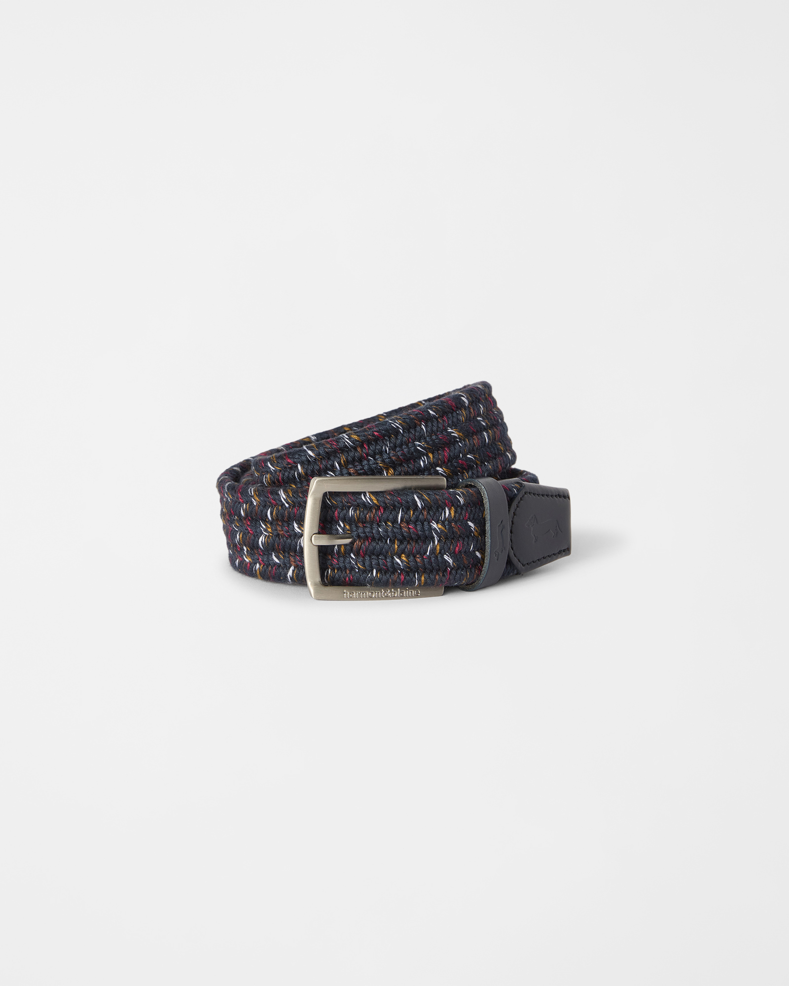 Men's dark blue braided belt in a cotton and leather blend