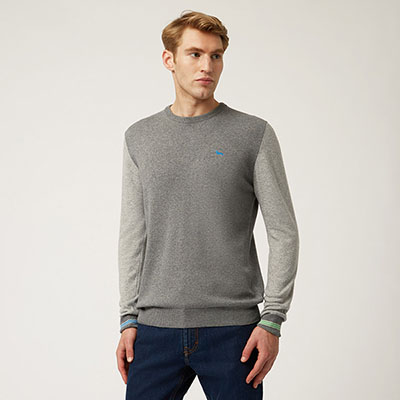 Crew-Neck Pullover With Shirt-Fabric Insert