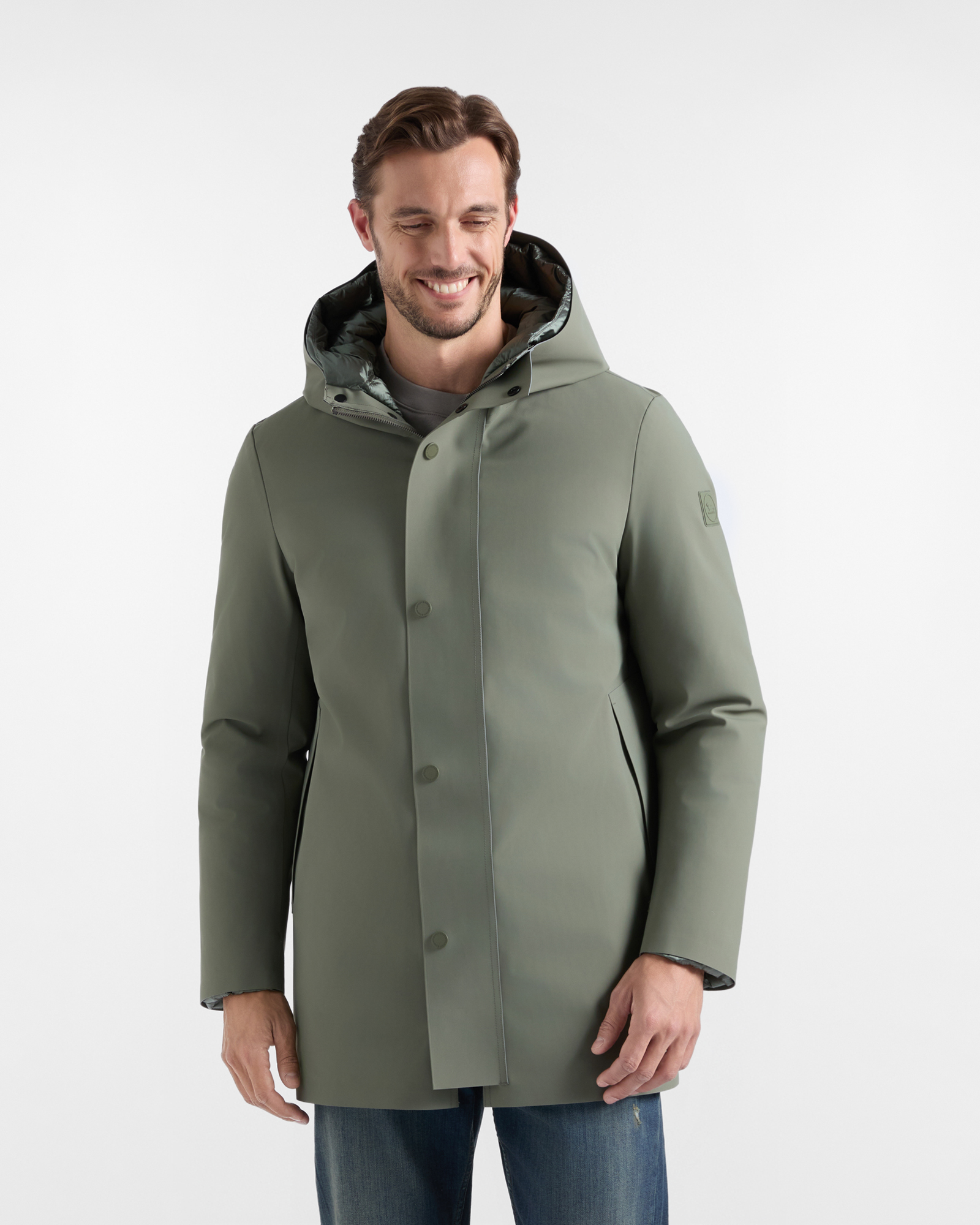 Men&rsquo;s Technical Padded Stretch Nylon Trench Coat in Petrol Green