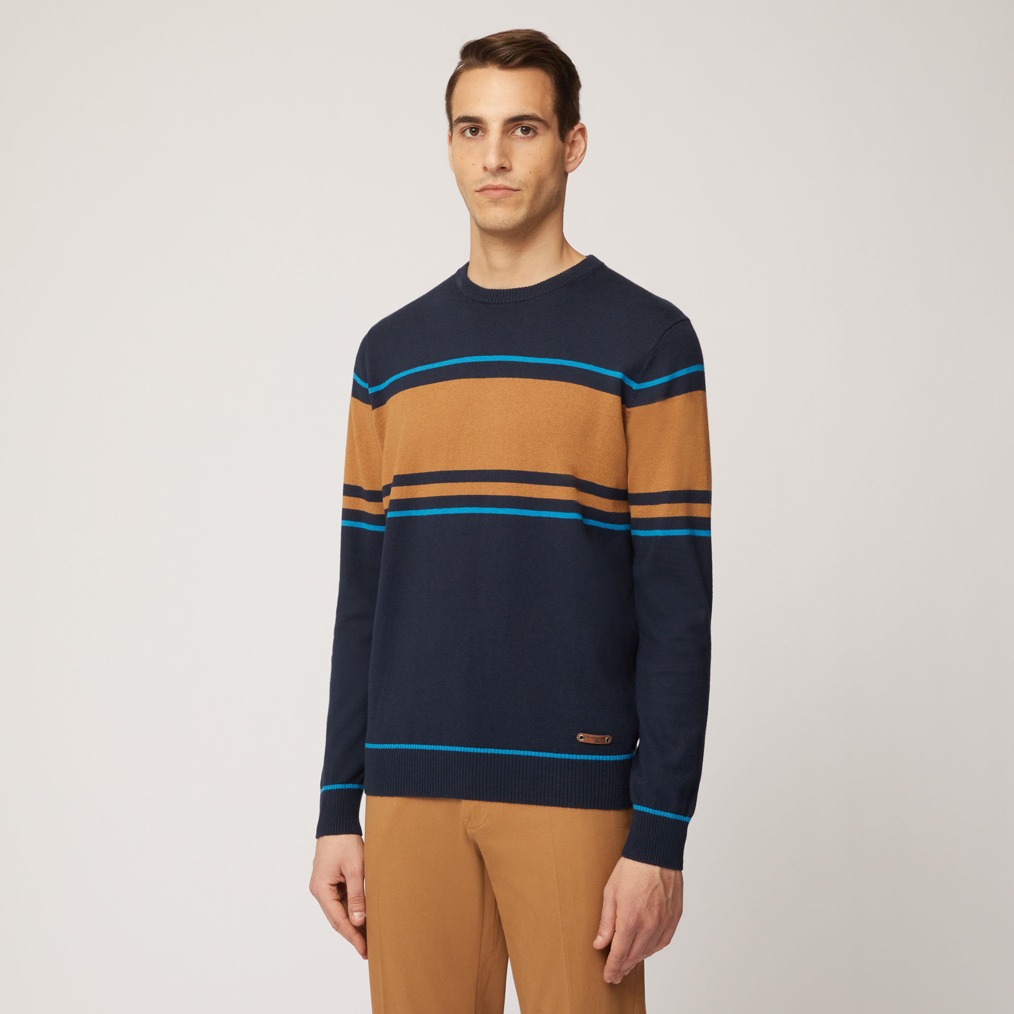 Pullover Girocollo Con Banda Centrale E Righini A Contrasto, Light Blue, large image number 0