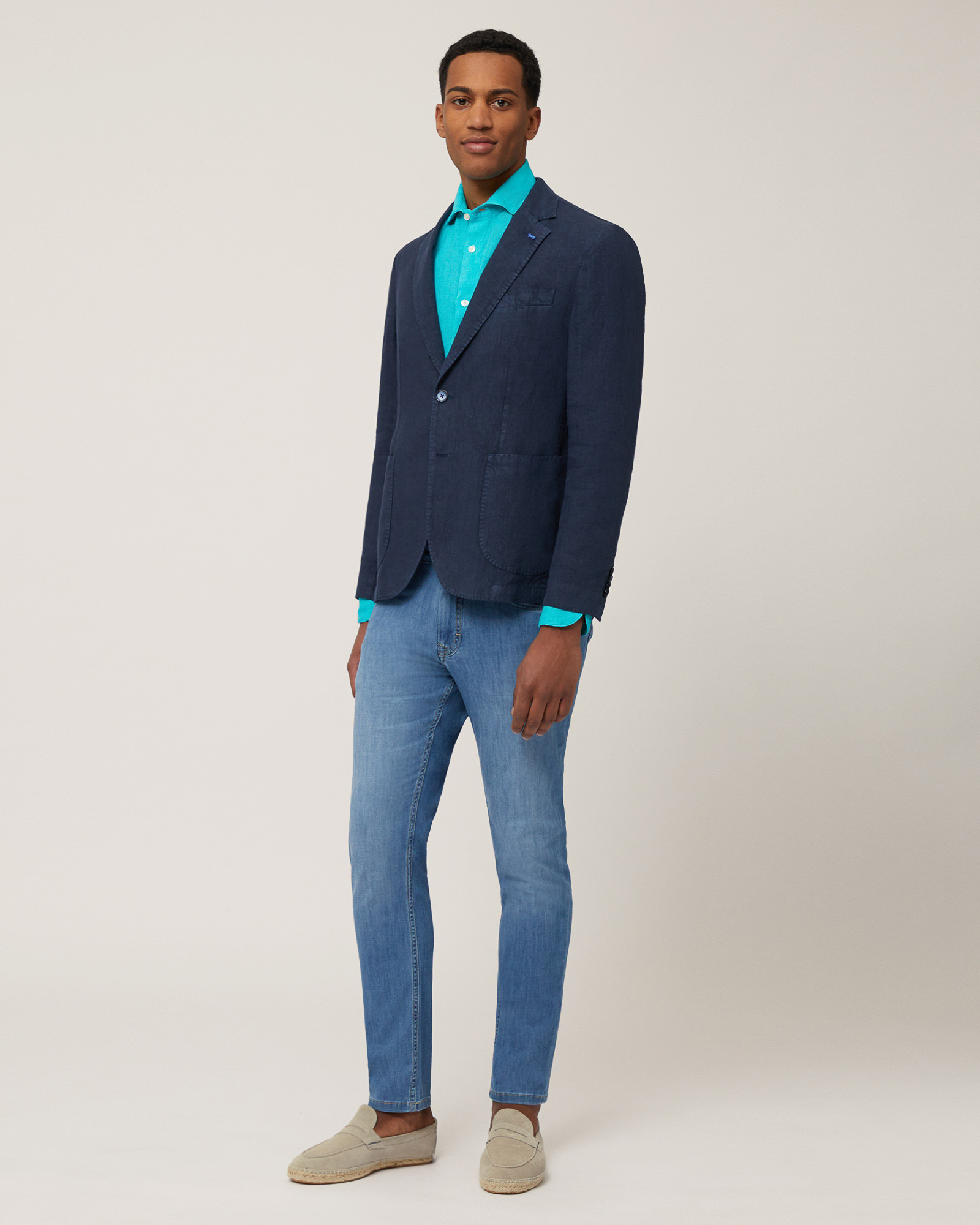 Linen Single-Breasted Jacket, Navy Blue, large image number 3