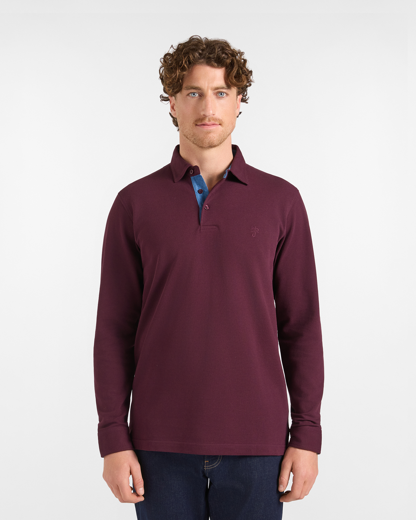Polo HBJ Uomo in Piquet di Puro Cotone con Dettagli Denim Prugna