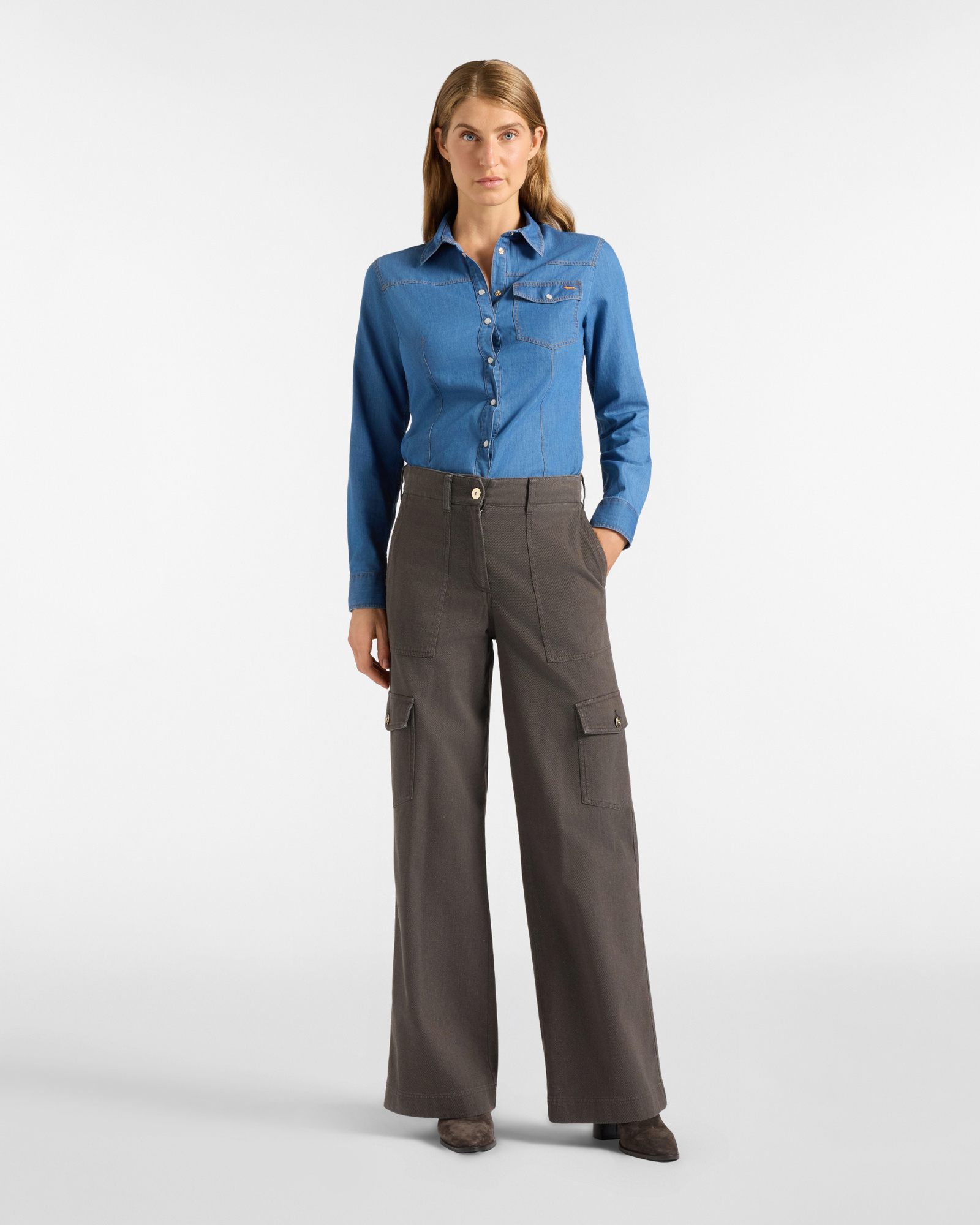 Women's basic dark  denim shirt with chest pocket, NAVY BLUE, large image number 3