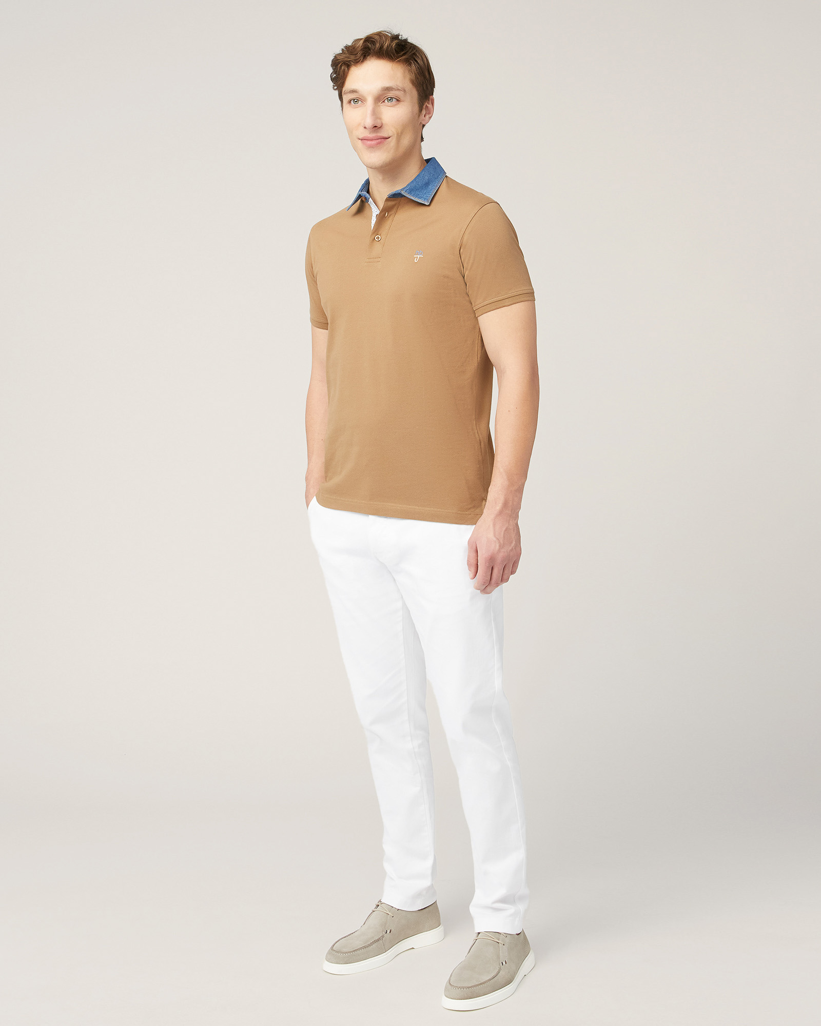 Polo-Shirt with Denim Collar, Light Brown, large image number 3