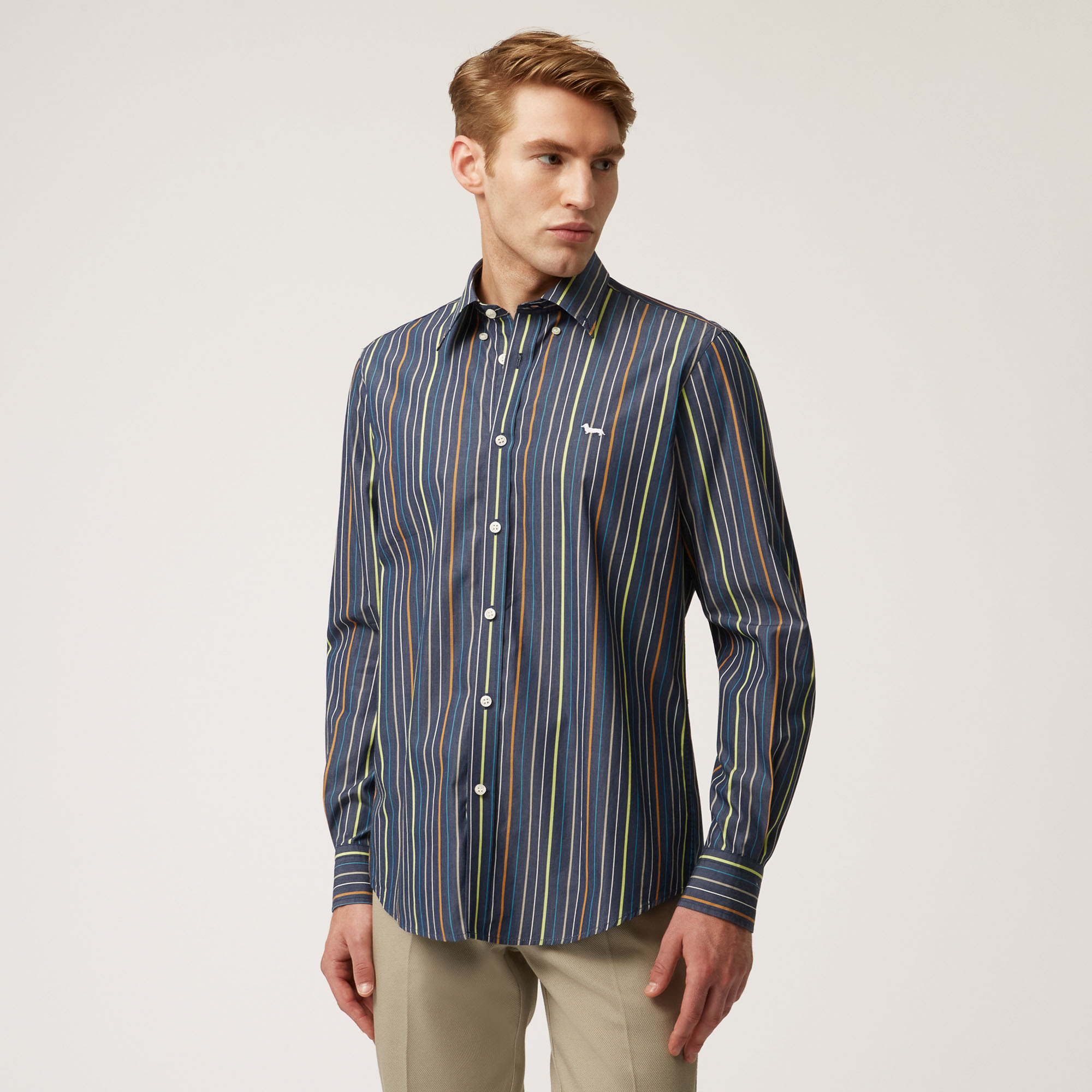 Multicolored-Stripe Cotton Shirt, Blue, large