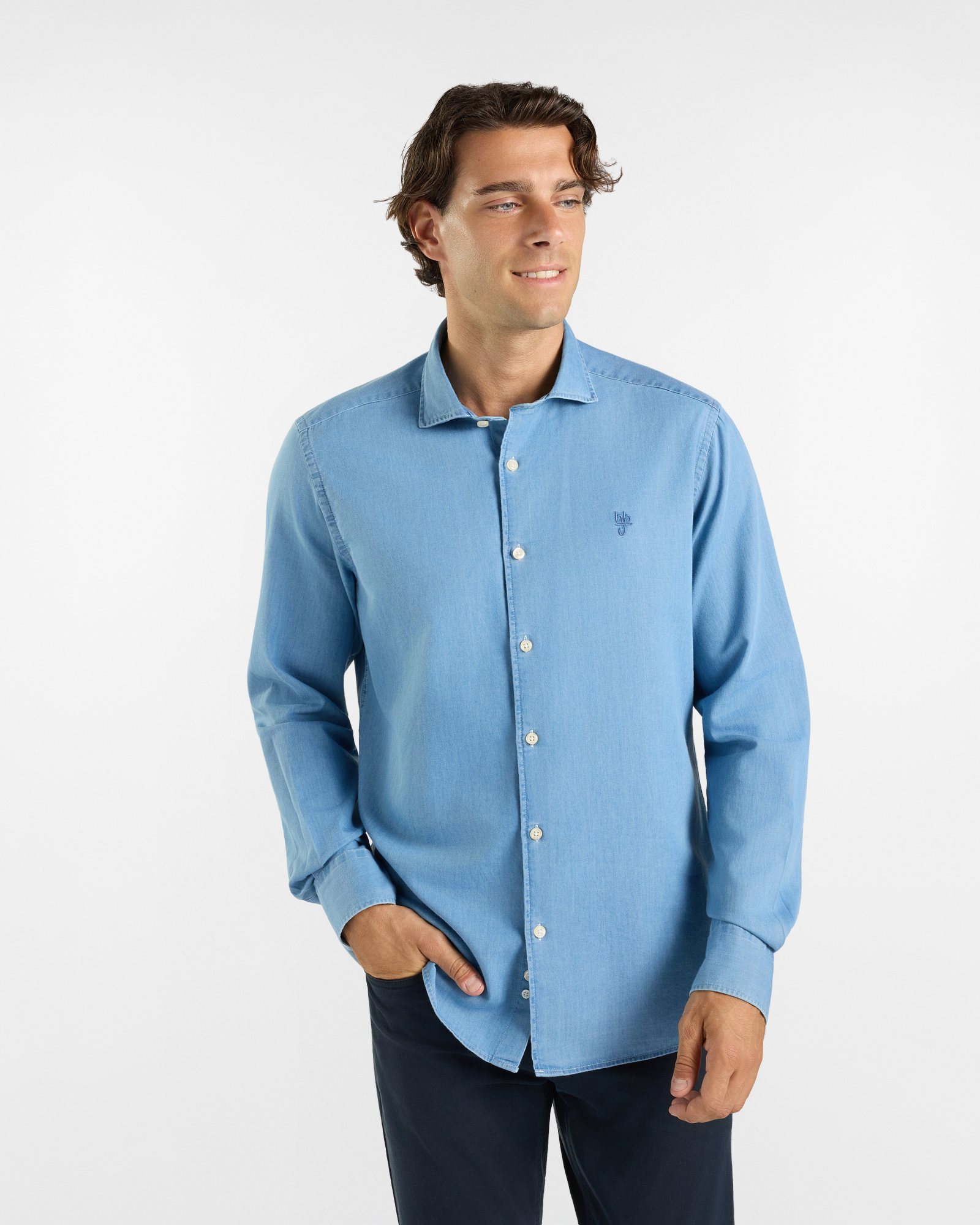 Camicia HBJ Uomo in denim di puro cotone lavaggio chiaro blu denim