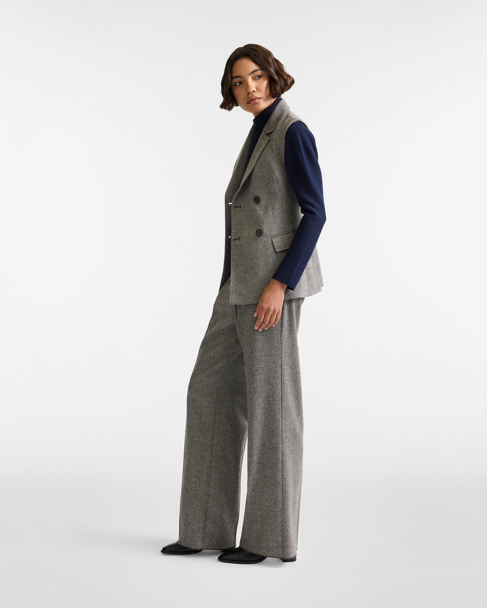 Wide-Leg Wool Pants with Pleats, Black, large image number 3