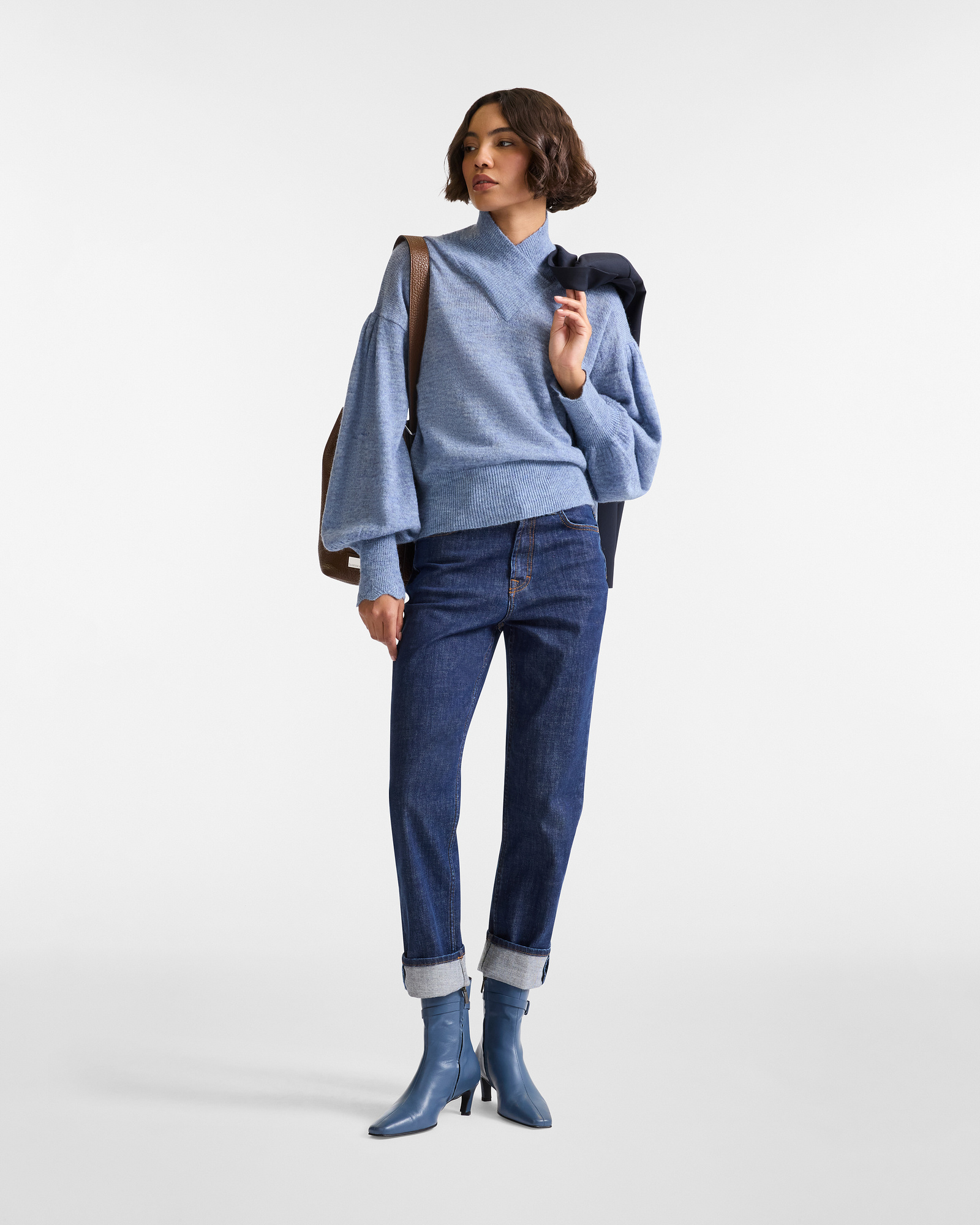 Maglione Collo Alto Incrociato, Dusty Blu, large image number 3