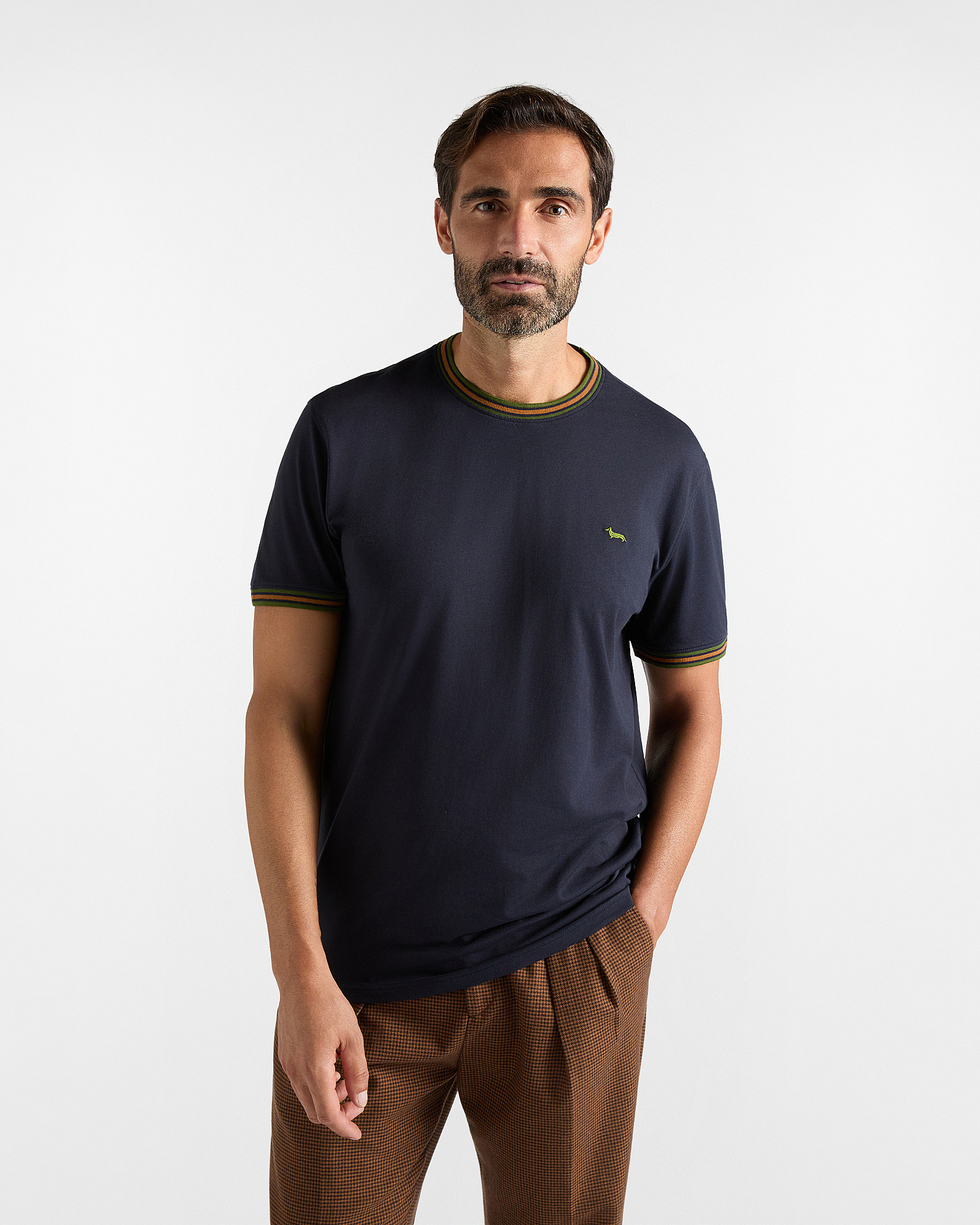 Camiseta de hombre con cuello redondo de canal&eacute; a rayas en 100 % puro algod&oacute;n azul corte regular