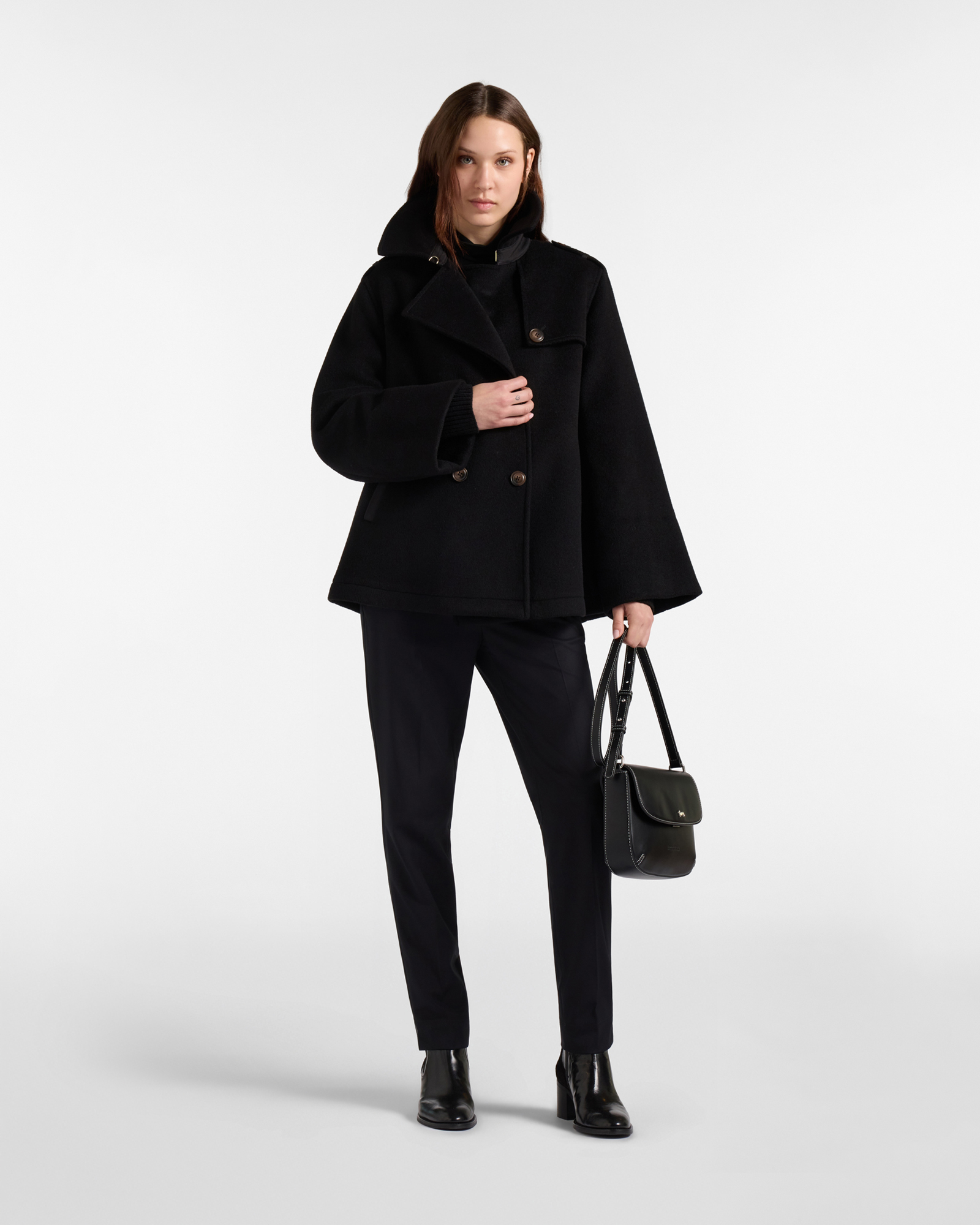 Women&rsquo;s double-breasted wool peacoat, BLACK, large
