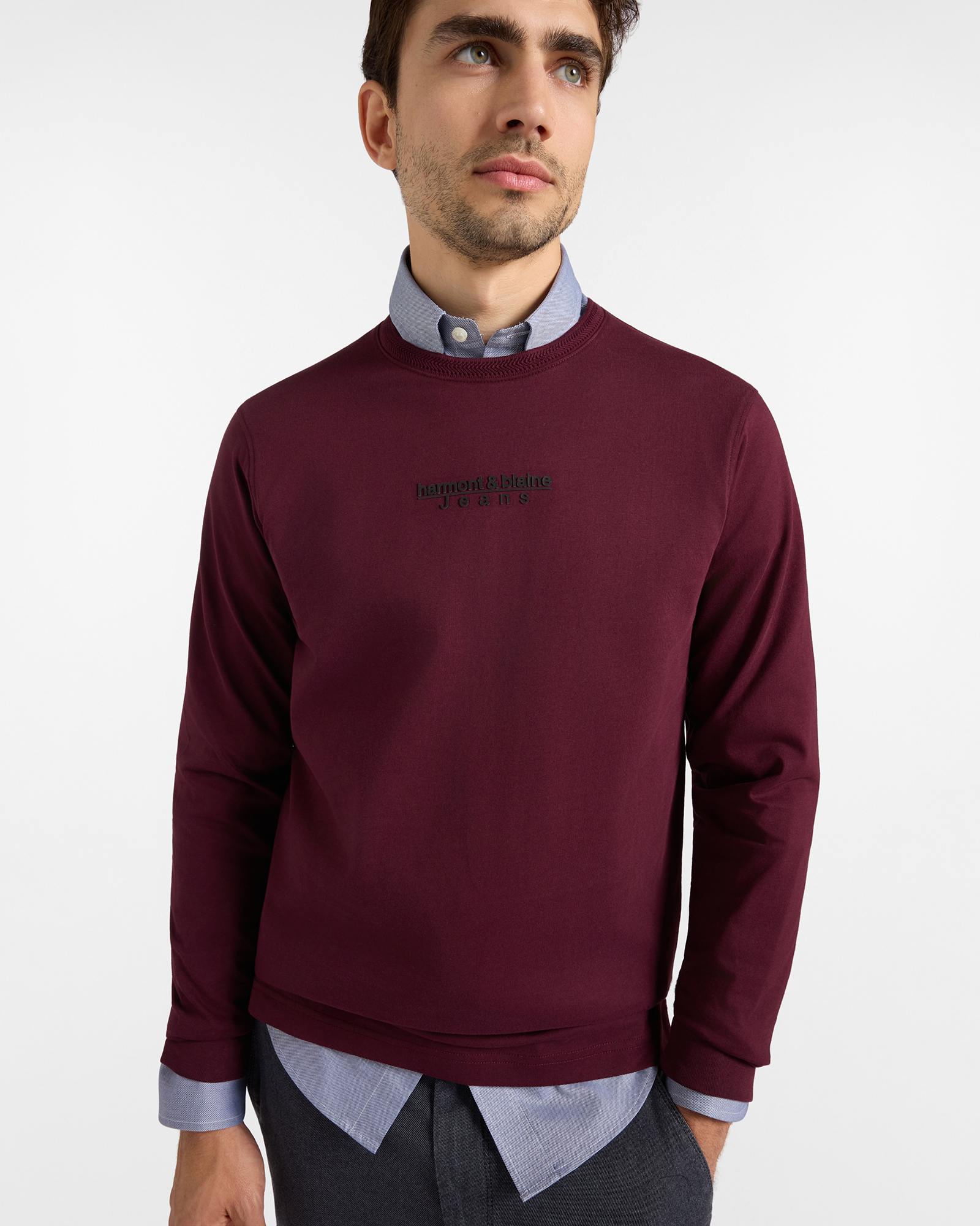 T-shirt HBJ Uomo a Manica Lunga in Puro Cotone, PRUGNA, large