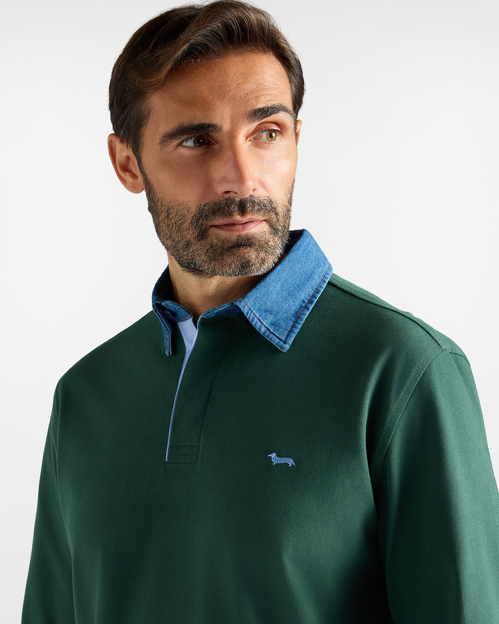 Men&rsquo;s long-sleeved polo shirt in green 100% pure cotton brushed jersey, BOTTLE GREEN, large image number 2