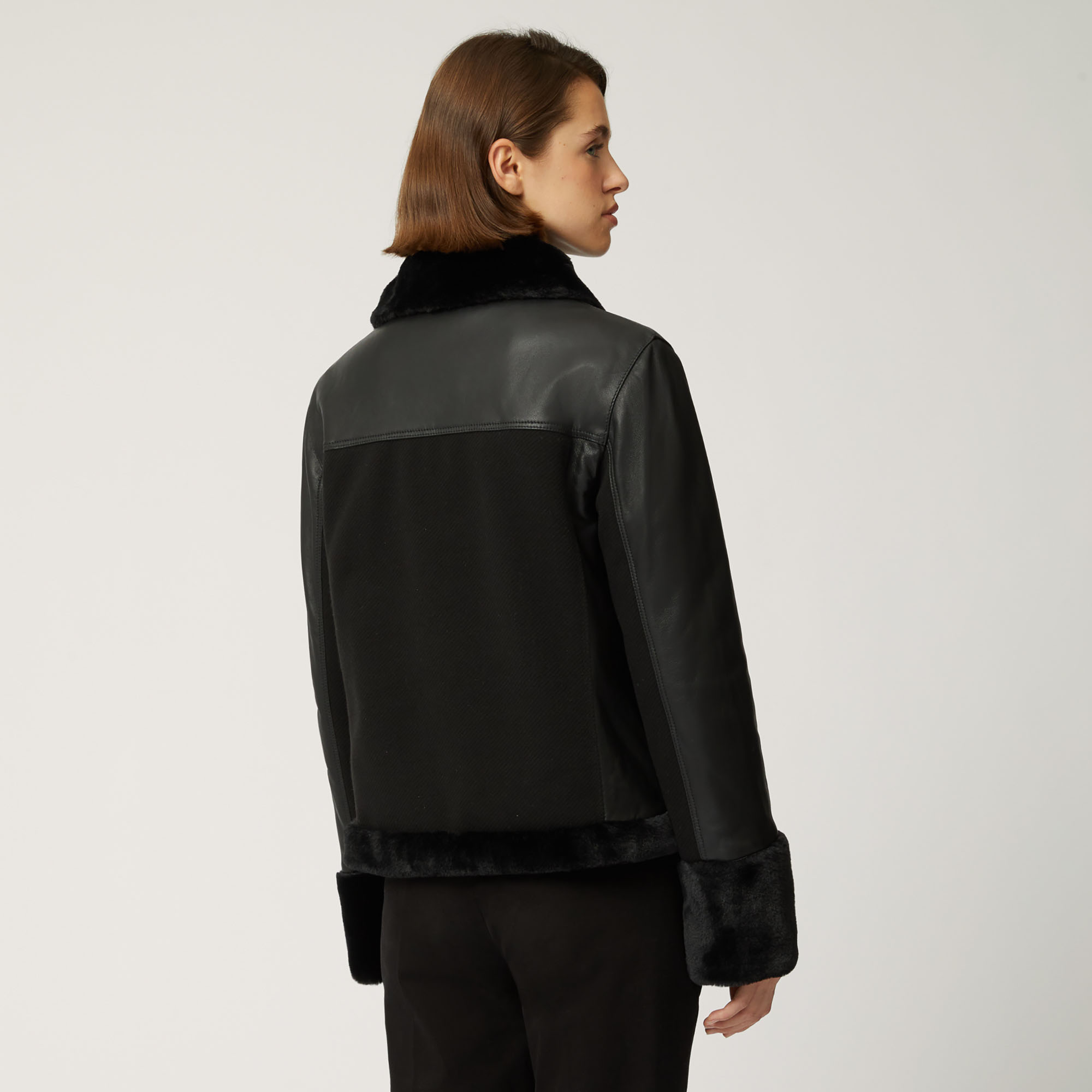 Chaqueta De Piel Con Detalles De Pelo, Negro, large image number 1