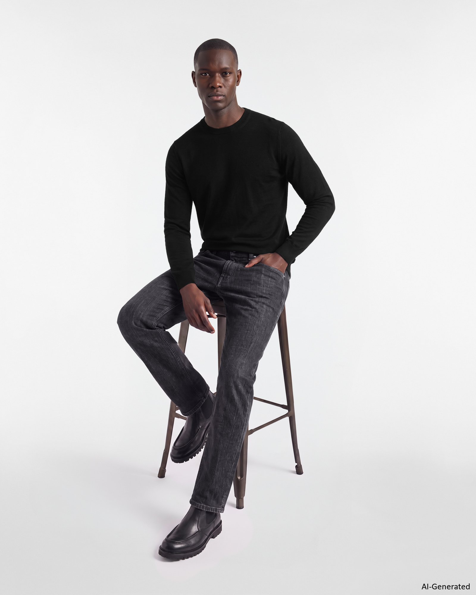 Men's sweater in 100% pure wool with regular fit, BLACK, large