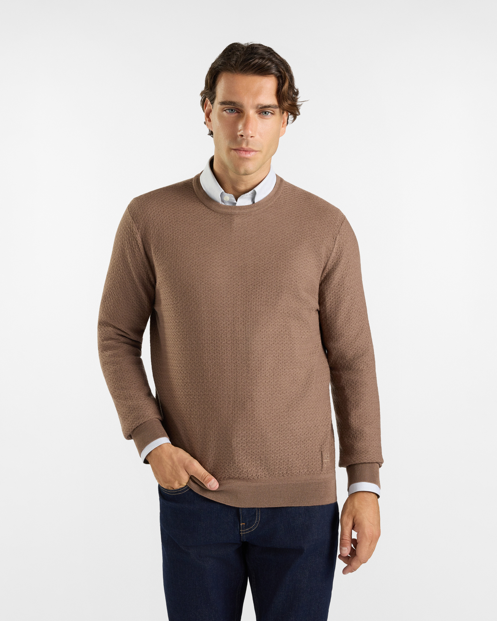 Maglia girocollo HBJ Uomo in pura lana, BEIGE, large